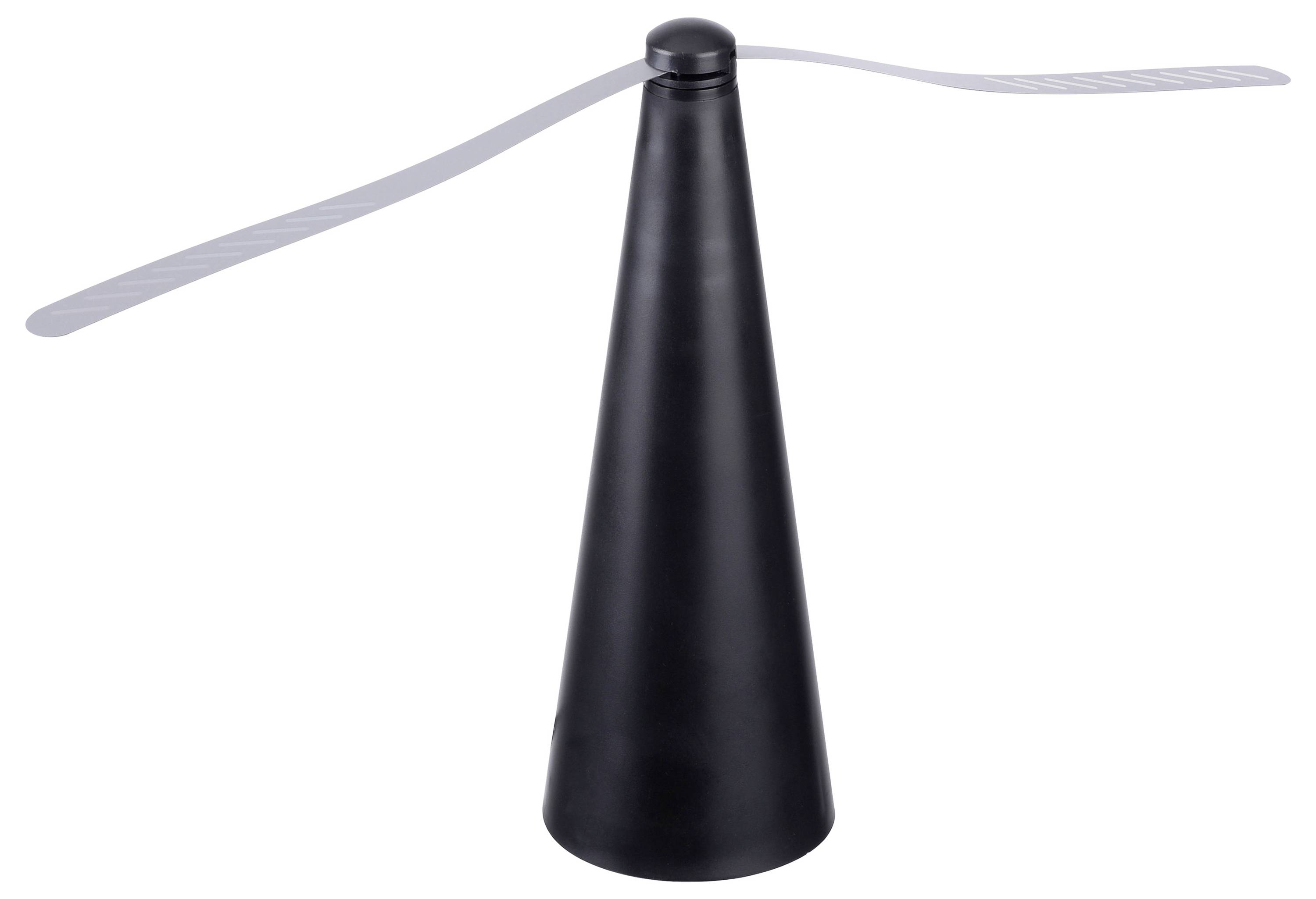 Ein schwarzer Kegel mit rotierenden transparenten Flügeln, ähnlich einem Miniaturventilator.
