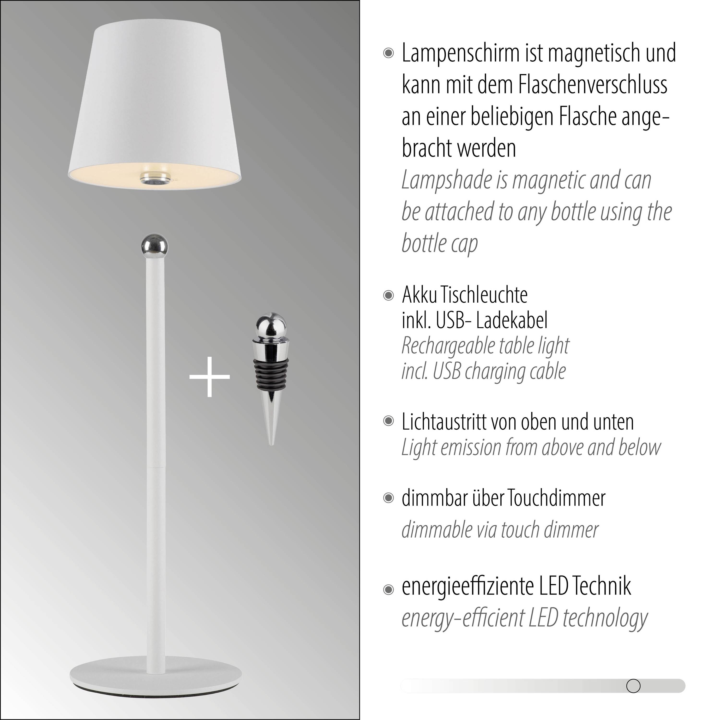 Eine weiße Tischlampe mit Akku, magnetischem Lampenschirm, dimmbar. Inklusive USB-Ladekabel und energieeffizienter LED-Technik.