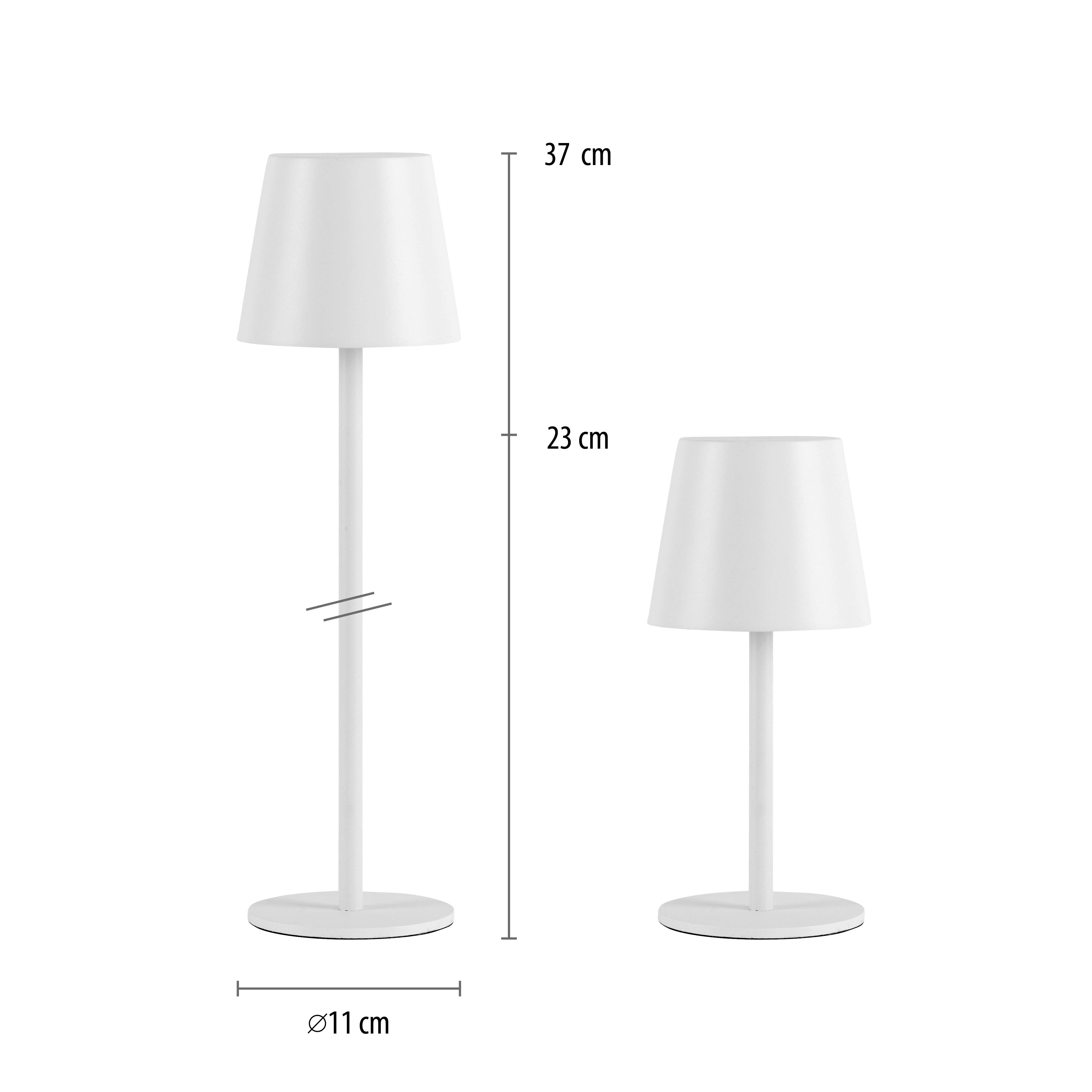 Tabelle zeigt zwei weiße Lampen: die größere ist 37 cm hoch, die kleinere 23 cm. Beide haben einen Durchmesser von 11 cm.