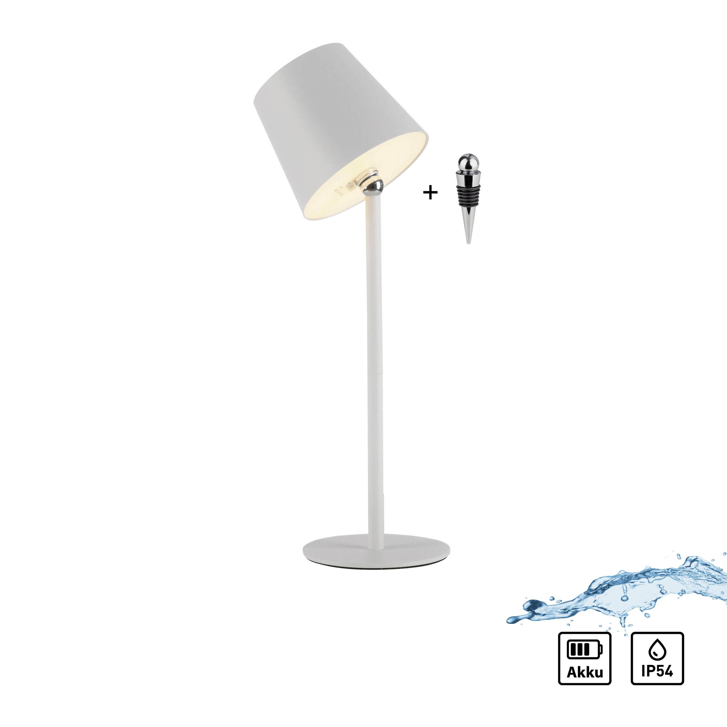 Eine moderne, weiße Tischlampe neben einem kleinen, metallischen Gegenstand. Unten rechts Symbole für Akku und IP54 wasserfest.