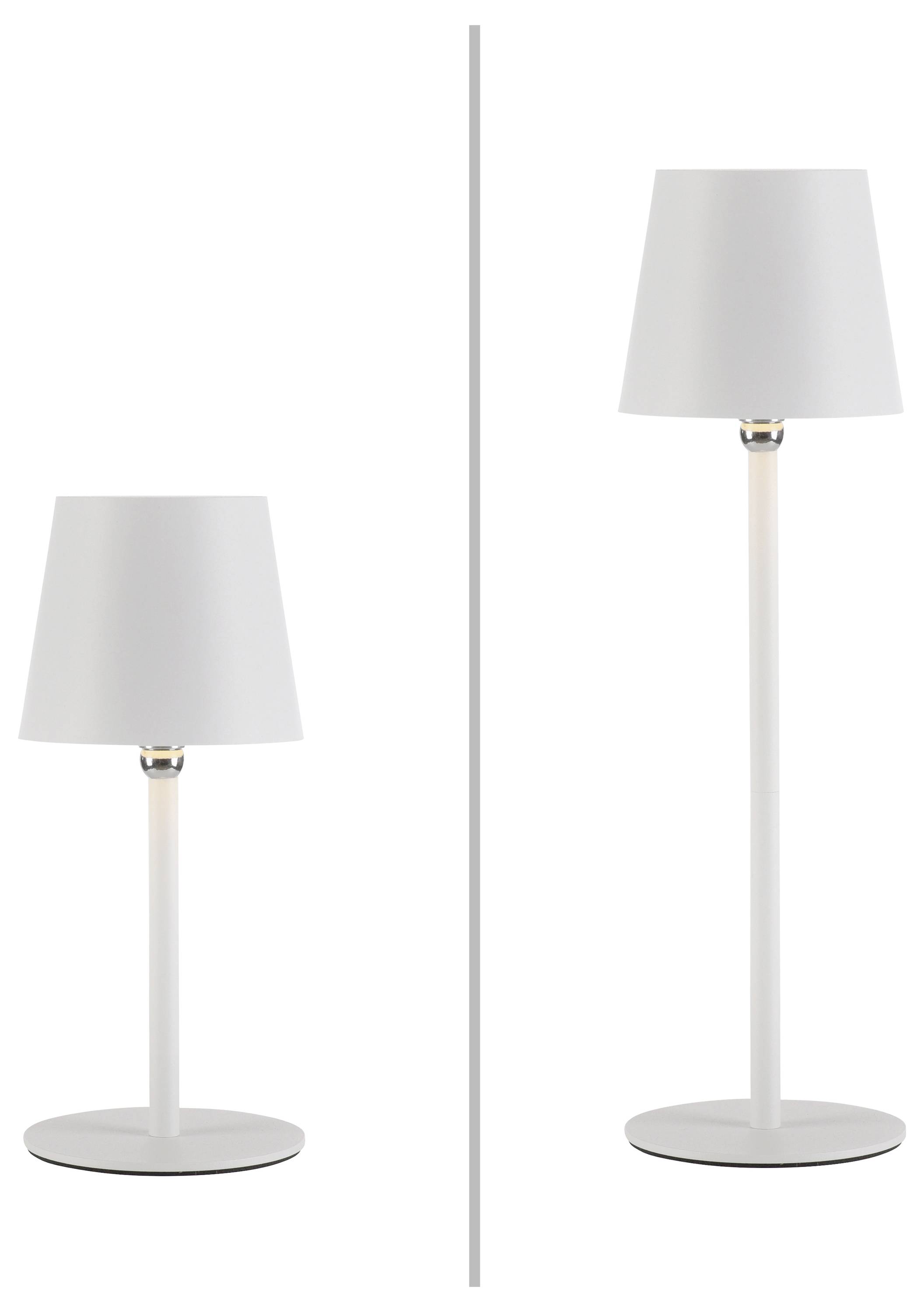 Zwei weiße Tischlampen: Eine niedrige links, eine höhere rechts, beide mit schlichtem, modernem Design und runden Sockeln. Tabelle zeigt Höhenunterschied.