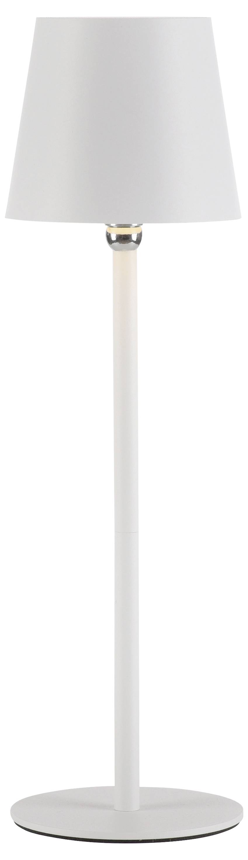 Weiße Stehlampe mit konischem Schirm und rundem Sockel, geeignet für modernes Interieur.