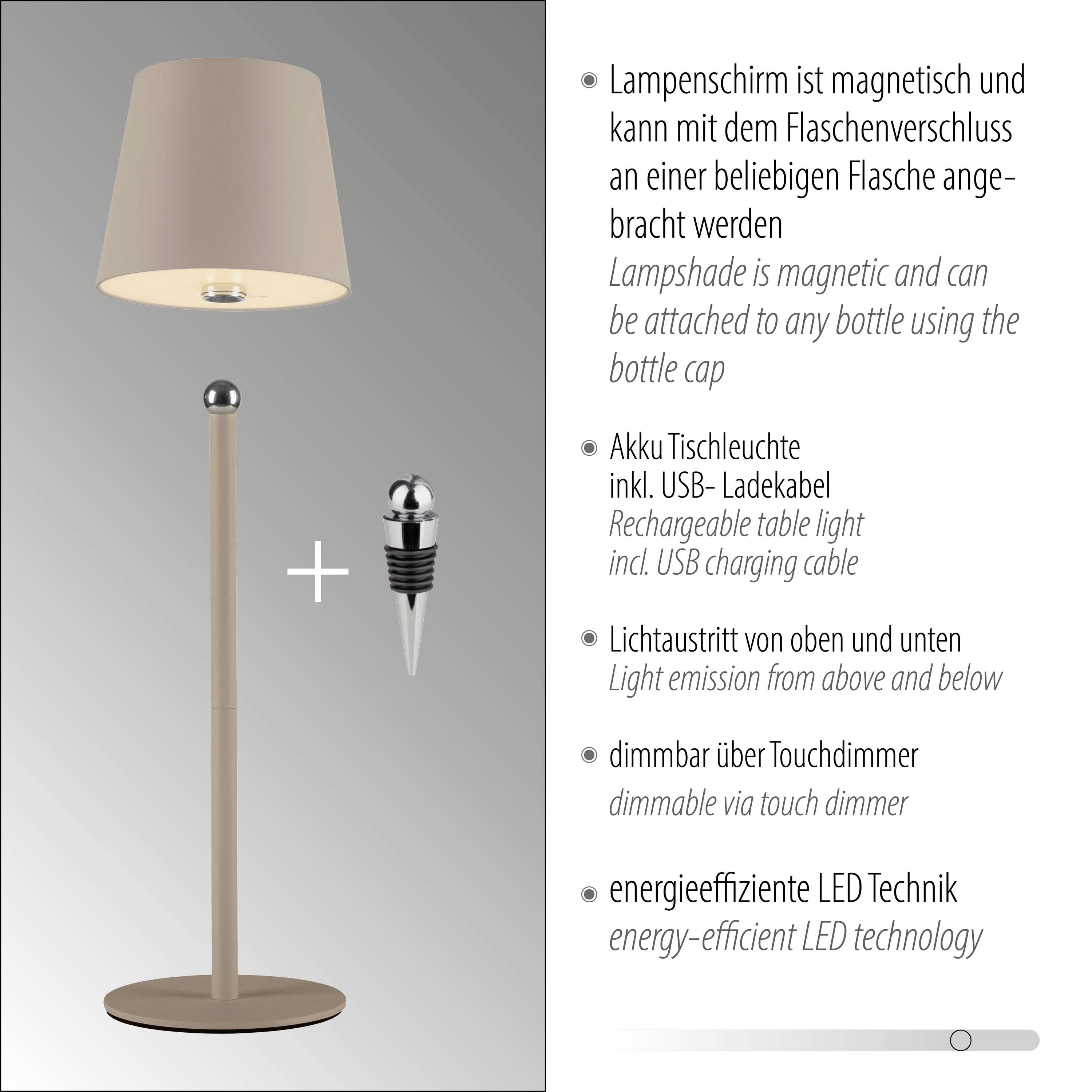 Stehleuchte mit USB-Ladekabel und LED-Technik. Lampenschirm magnetisch, Flaschenverschlüsse als Sockel. Touchdimmer.