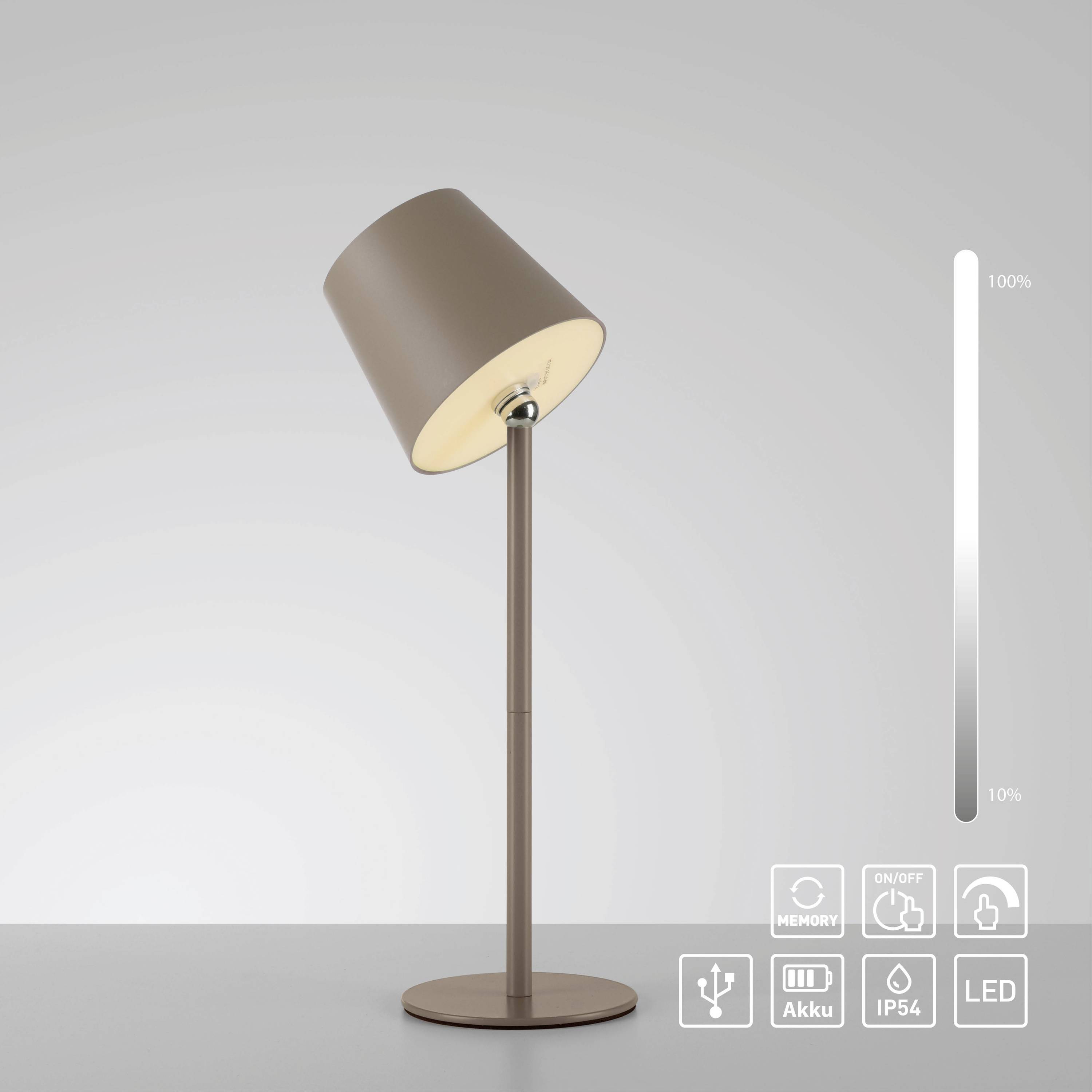 Braune Tischlampe mit Schirm, zeigt Helligkeitseinstellung von 10% bis 100% auf der rechten Skala. Symbole unten: Memory, Akku, Ein/Aus, IP54, LED.