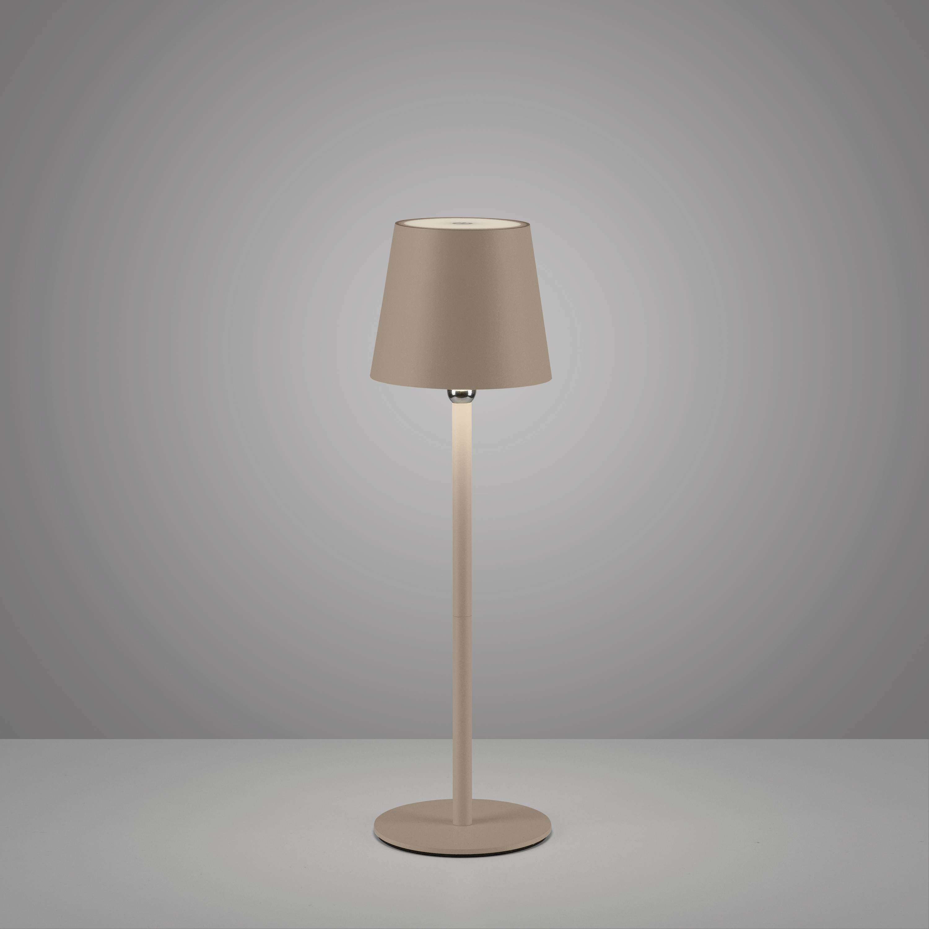 Stehlampe mit schlichtem Design, braunem Schirm und Fuß, steht vor grauem Hintergrund. Modern und minimalistisch für Wohnräume.