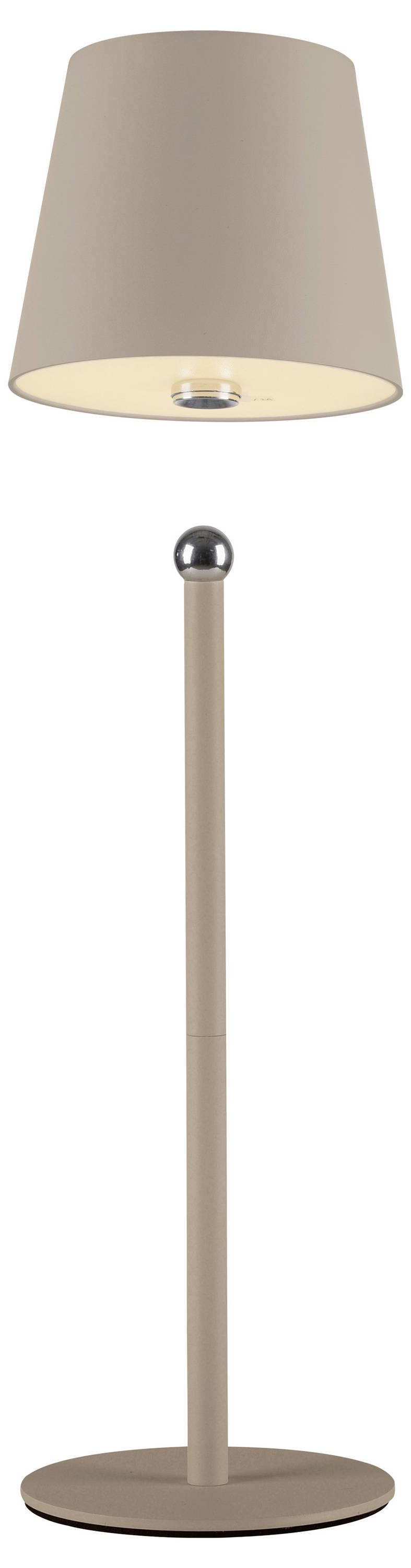 Stehende beige Lampe mit rundem Schirm und stabilem Sockel, geeignet für Wohnzimmer oder Büroeinrichtung.