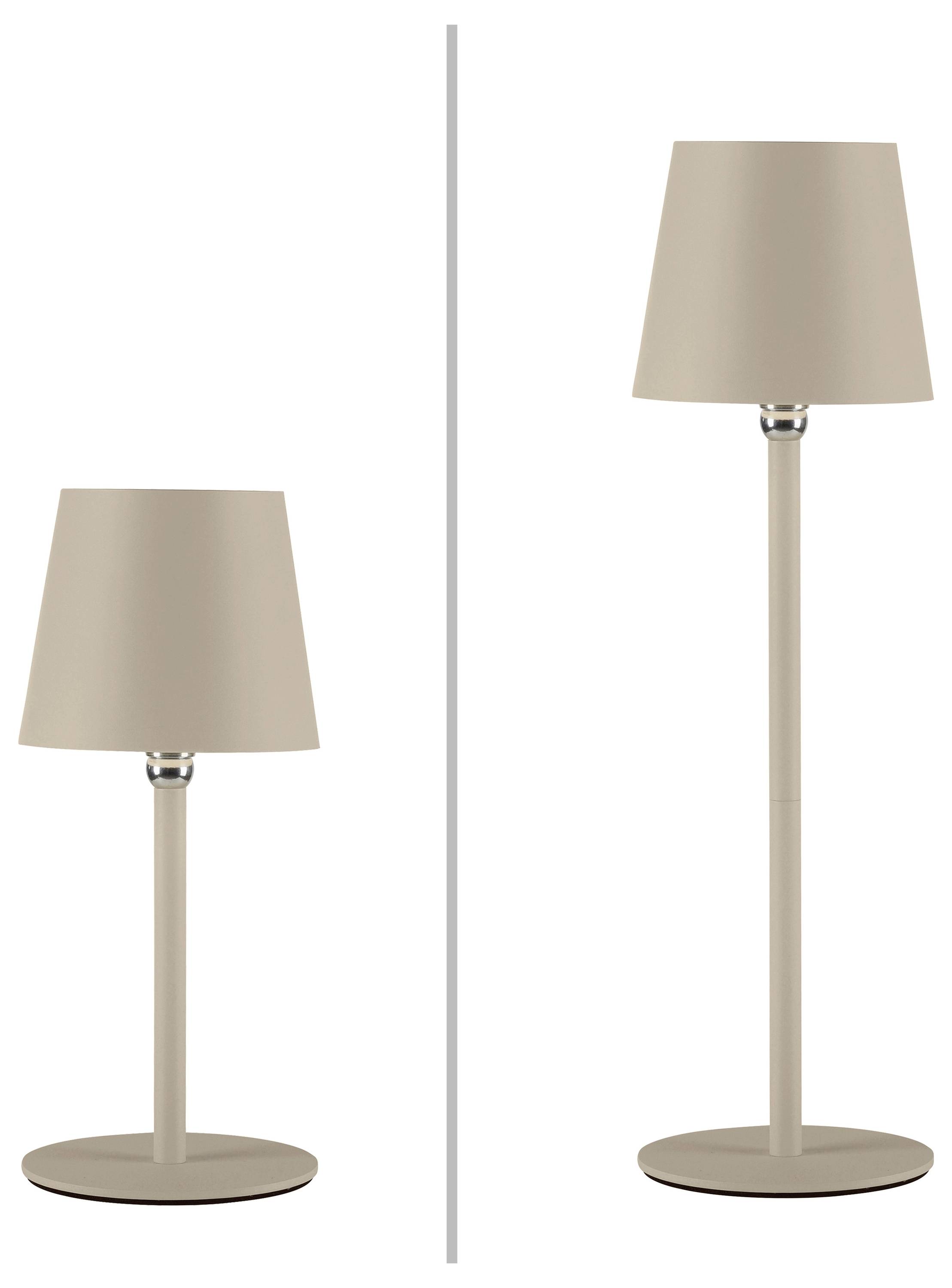 Zwei beige Tischlampen, eine kleiner und eine größer, stehen nebeneinander. Beide Lampen haben einen runden Sockel und einen konischen Schirm.