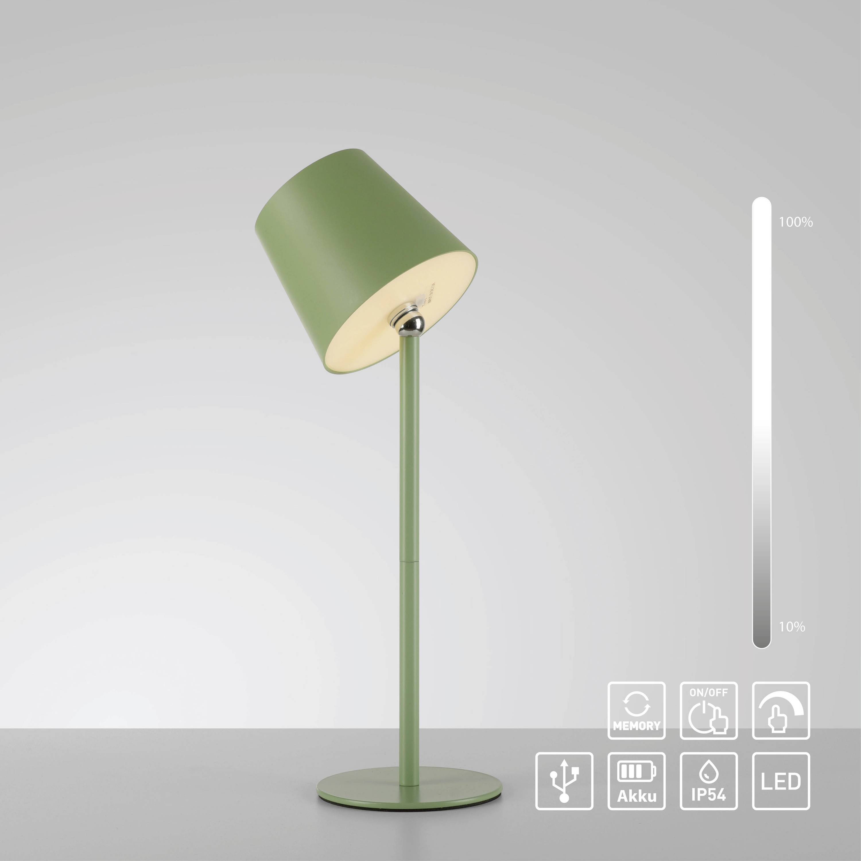 Grüne Tischlampe mit schrägem Schirm, leuchtet heller nach oben. Symbole unten rechts zeigen 'Memory', 'Akku', 'IP54' und 'LED'.