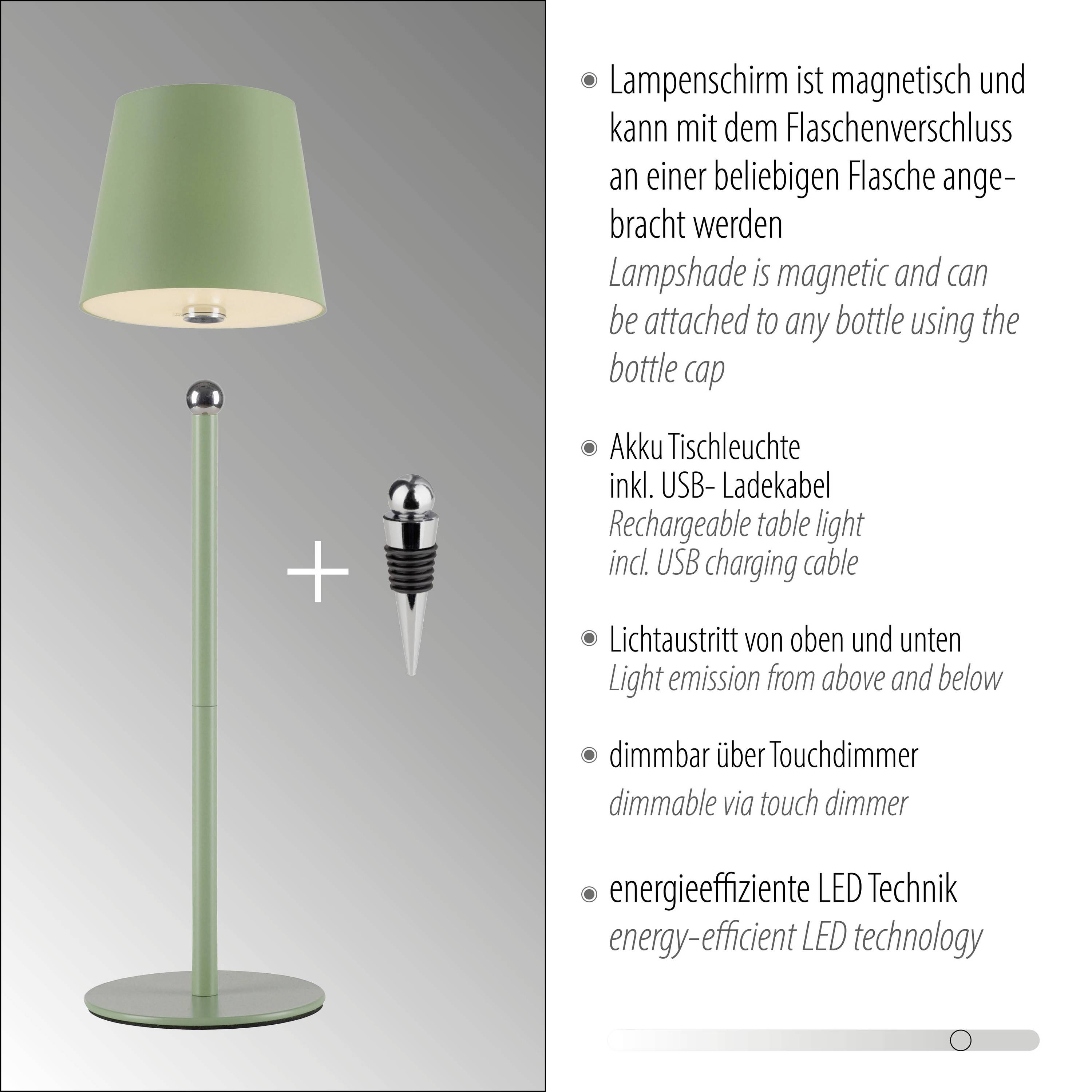 Stehlampe mit grünem Lampenschirm, USB-Ladekabel, Leuchtmittel oben und unten, dimmbar per Touch, energieeffiziente LED-Technik.