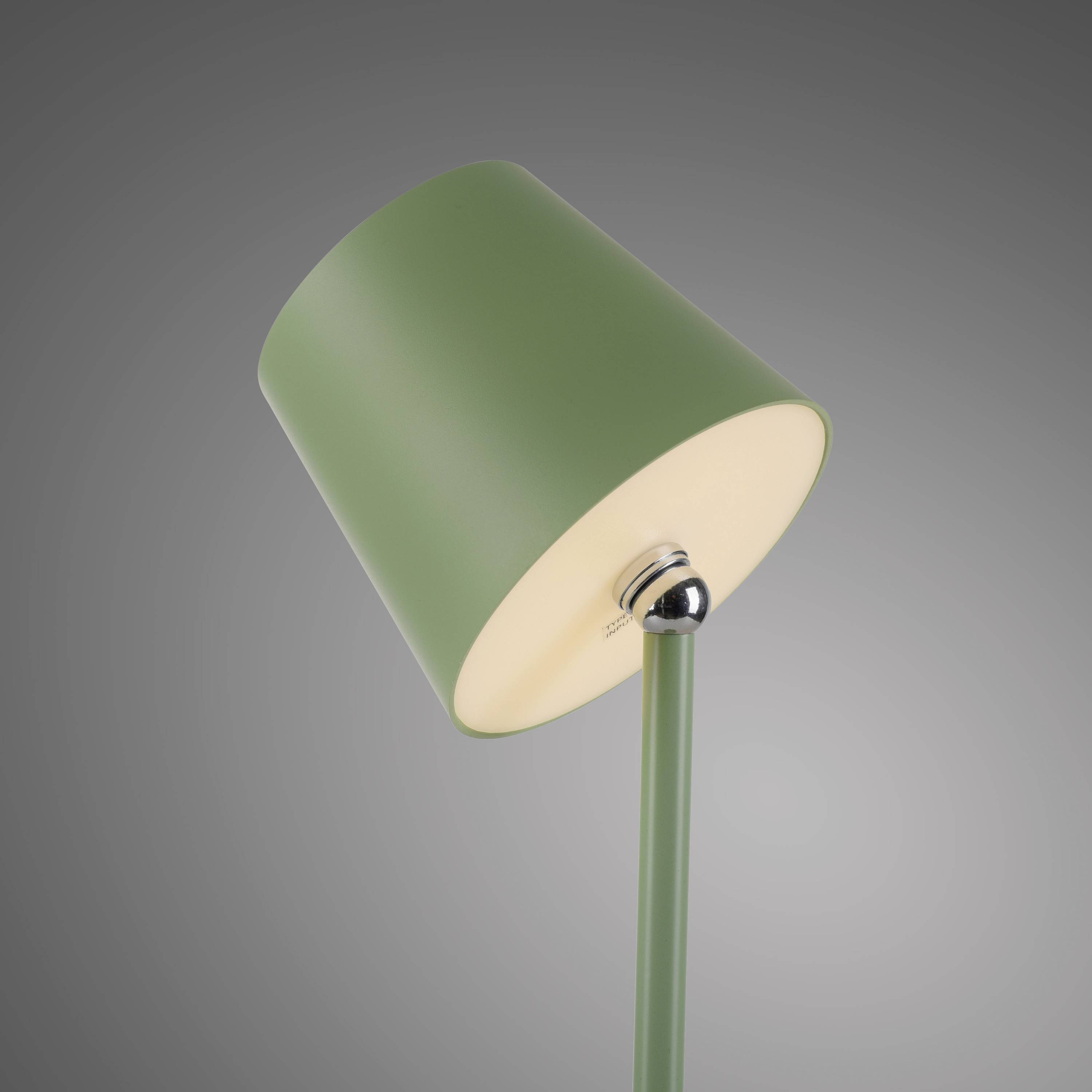 Eine grüne Tischlampe mit einem schrägen Schirm, vor einem grauen Hintergrund. Die Lampe hat ein modernes Design.