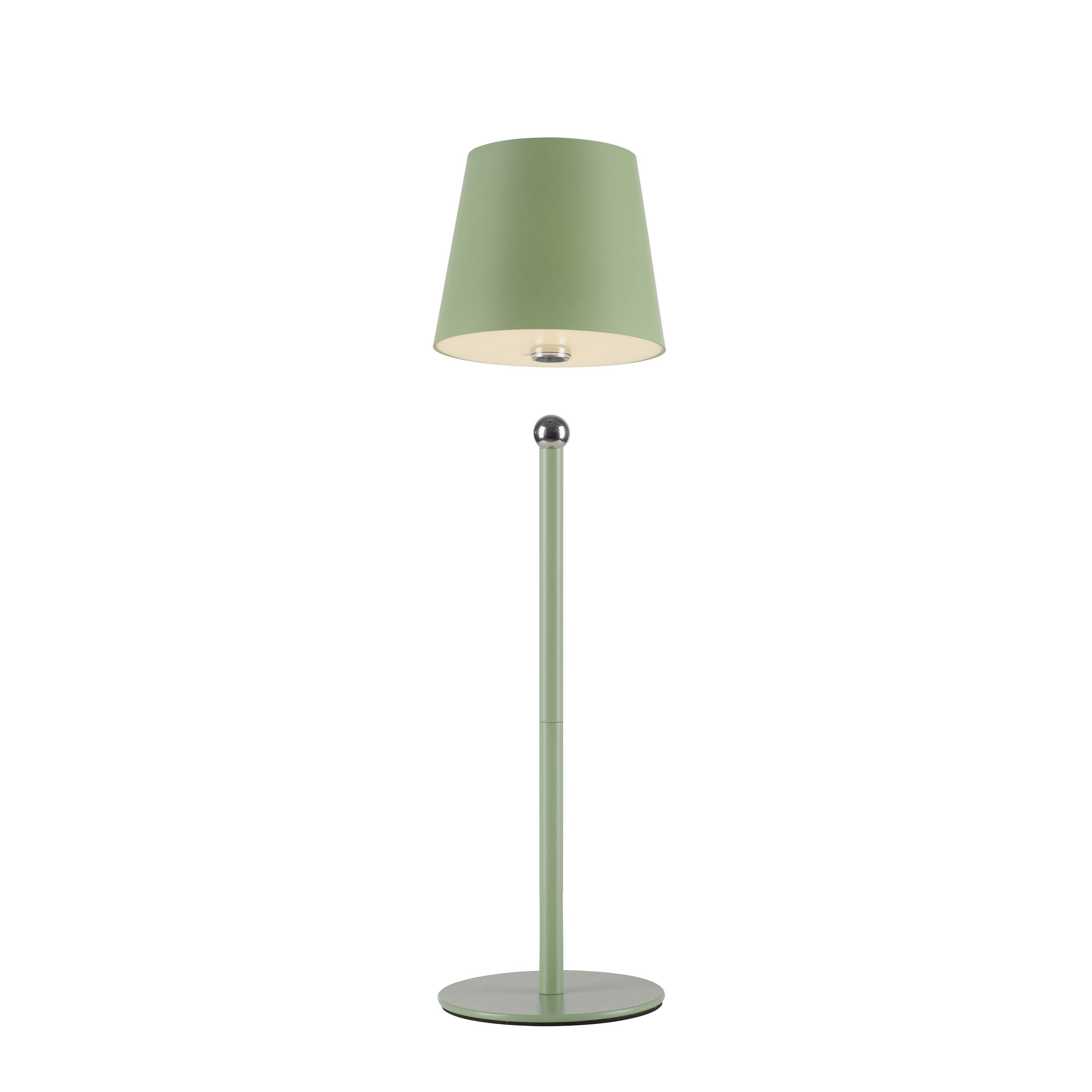 Stehlampe in hellem Grün mit konischem Schirm, stehend auf rundem Fuß. Modernes Design, geeignet für Wohn- oder Arbeitszimmerbeleuchtung.
