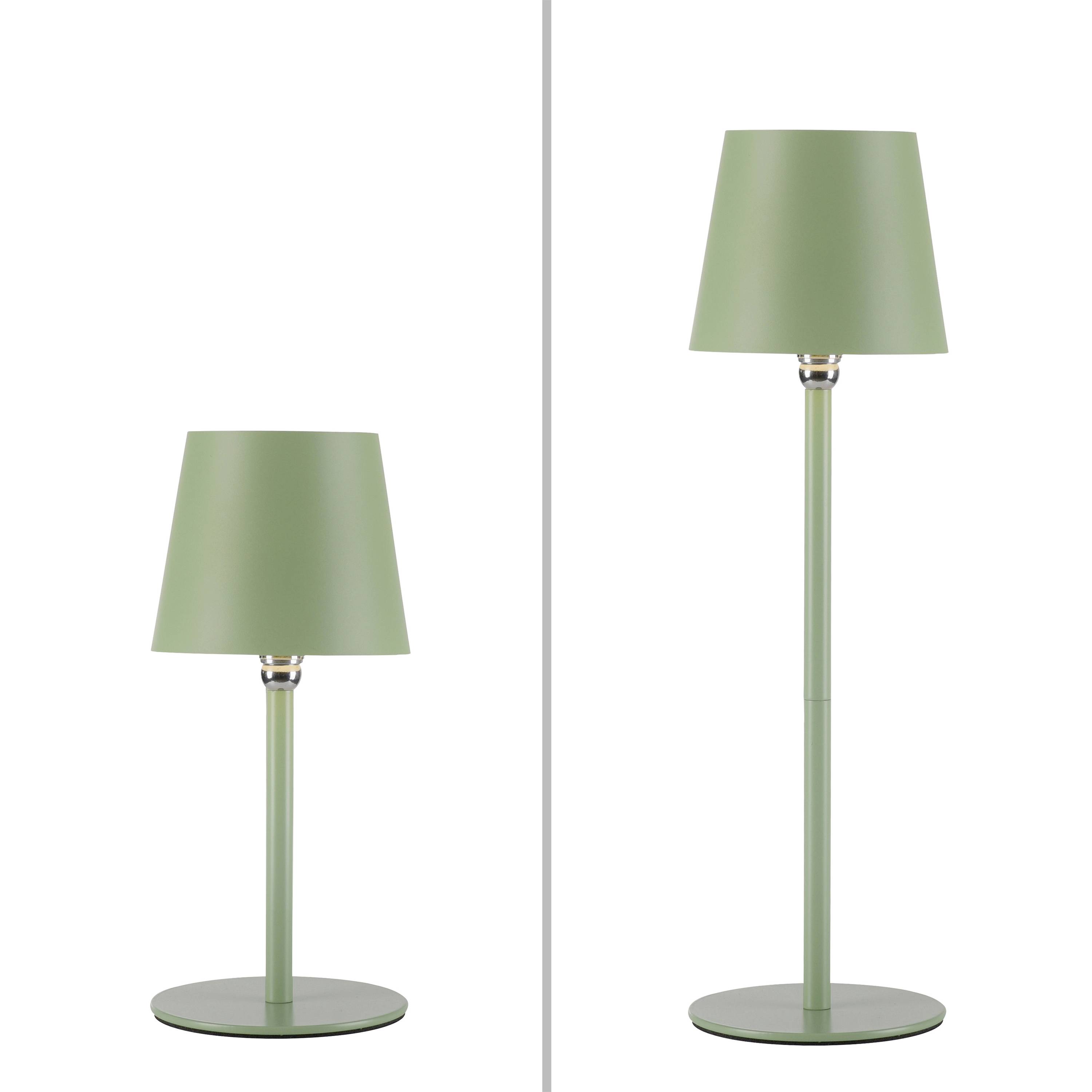 Zwei grüne Lampen, eine Tischlampe links und eine Stehlampe rechts, beide mit konischem Schirm und schlichter, moderner Gestaltung.