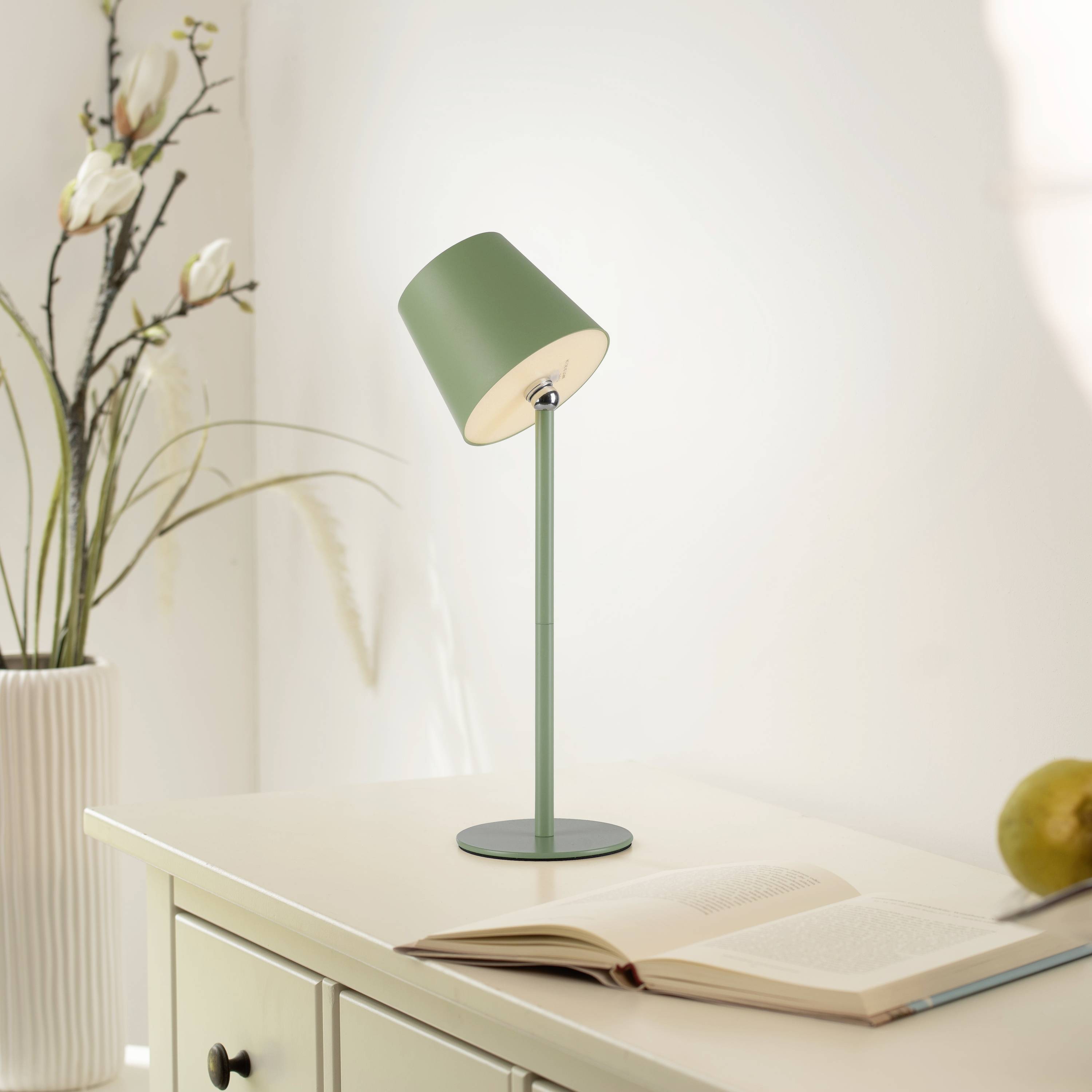 Eine grüne Tischlampe leuchtet auf einem Schreibtisch. Daneben liegt ein geöffnetes Buch. Im Hintergrund steht eine Vase mit Zweigen.