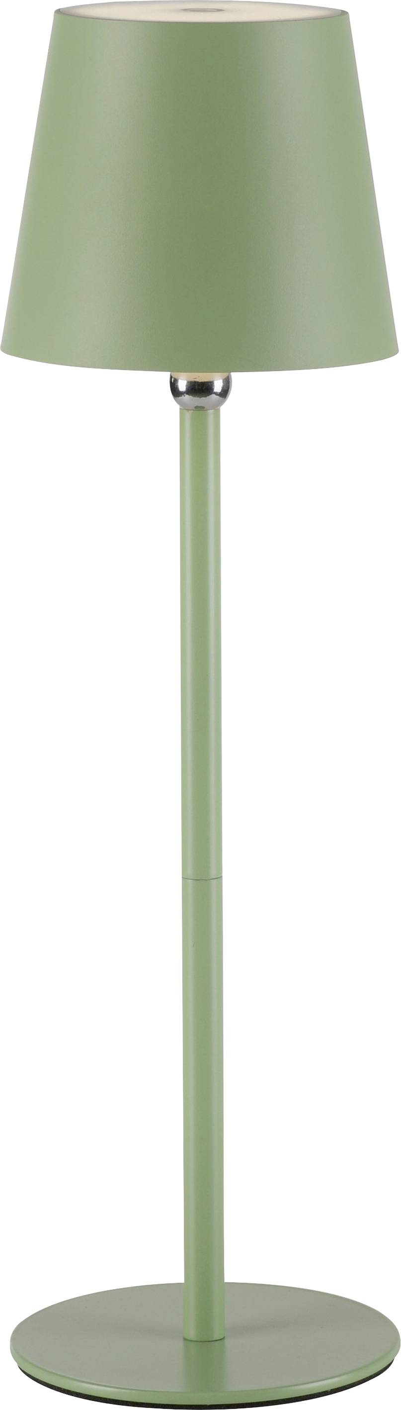 Eine grüne Stehlampe mit einem konischen Lampenschirm und einem schlanken, stabilen Ständer.