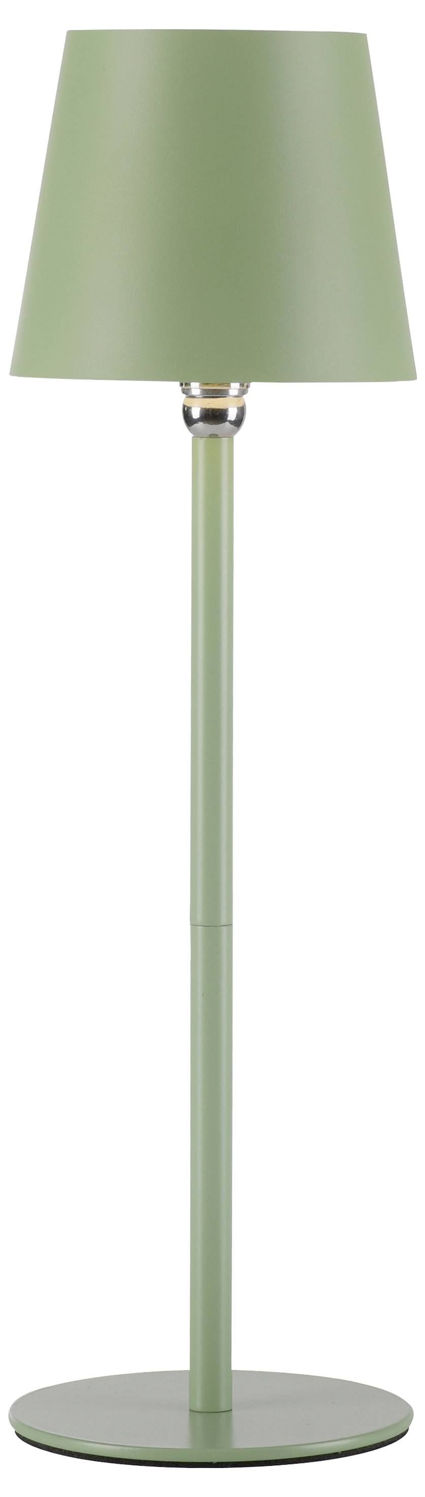 Eine einfache, grüne Stehlampe mit einem zylindrischen Sockel und einem konischen Lampenschirm.
