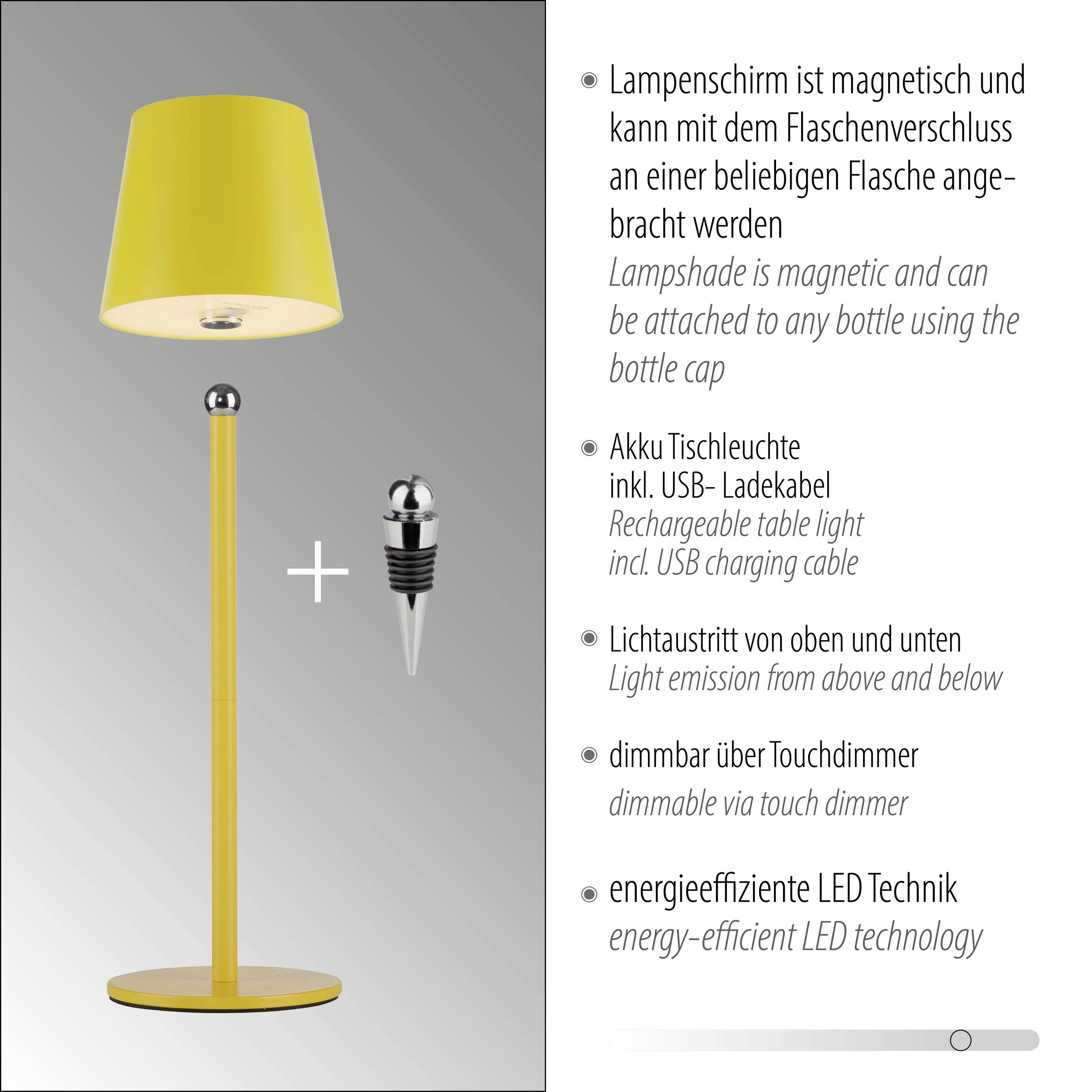 Gelbe Tischlampe mit magnetischem Lampenschirm, kann auf Flaschen montiert werden. Inkl. Akku, USB-Ladekabel, Touchdimmer, LED-Technik.