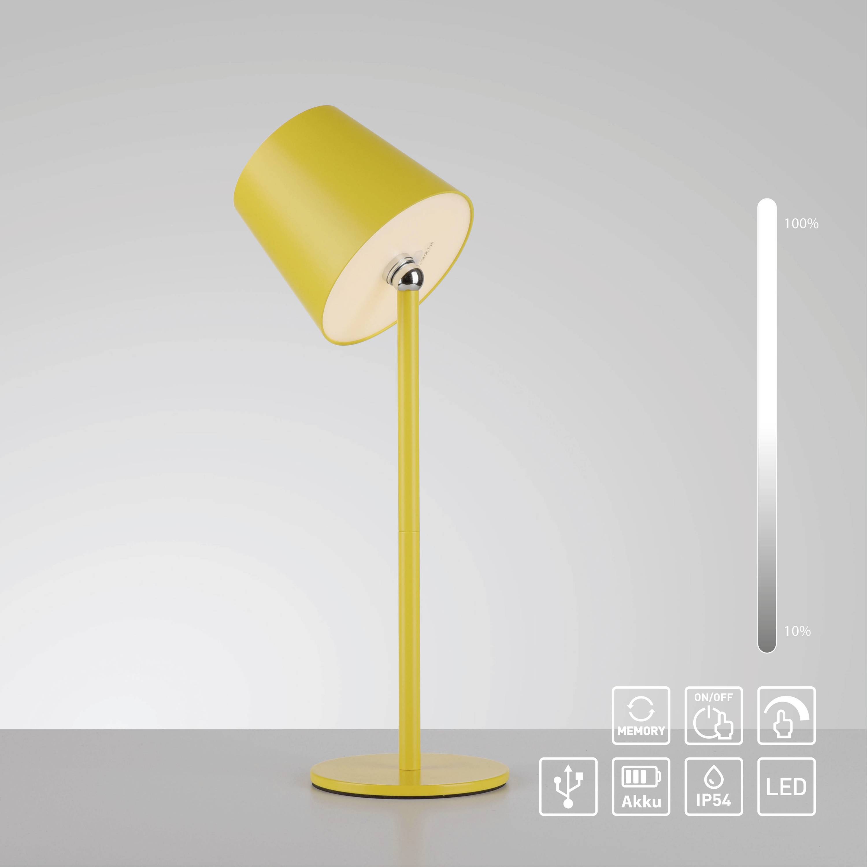 Gelbe Tischlampe mit zylindrischem Schirm, auf hellem Tisch. Rechts: vertikale Skala von 10 % bis 100 %. Unten: Symbole für Memory, Akku, Ein/Aus, IP54, LED.