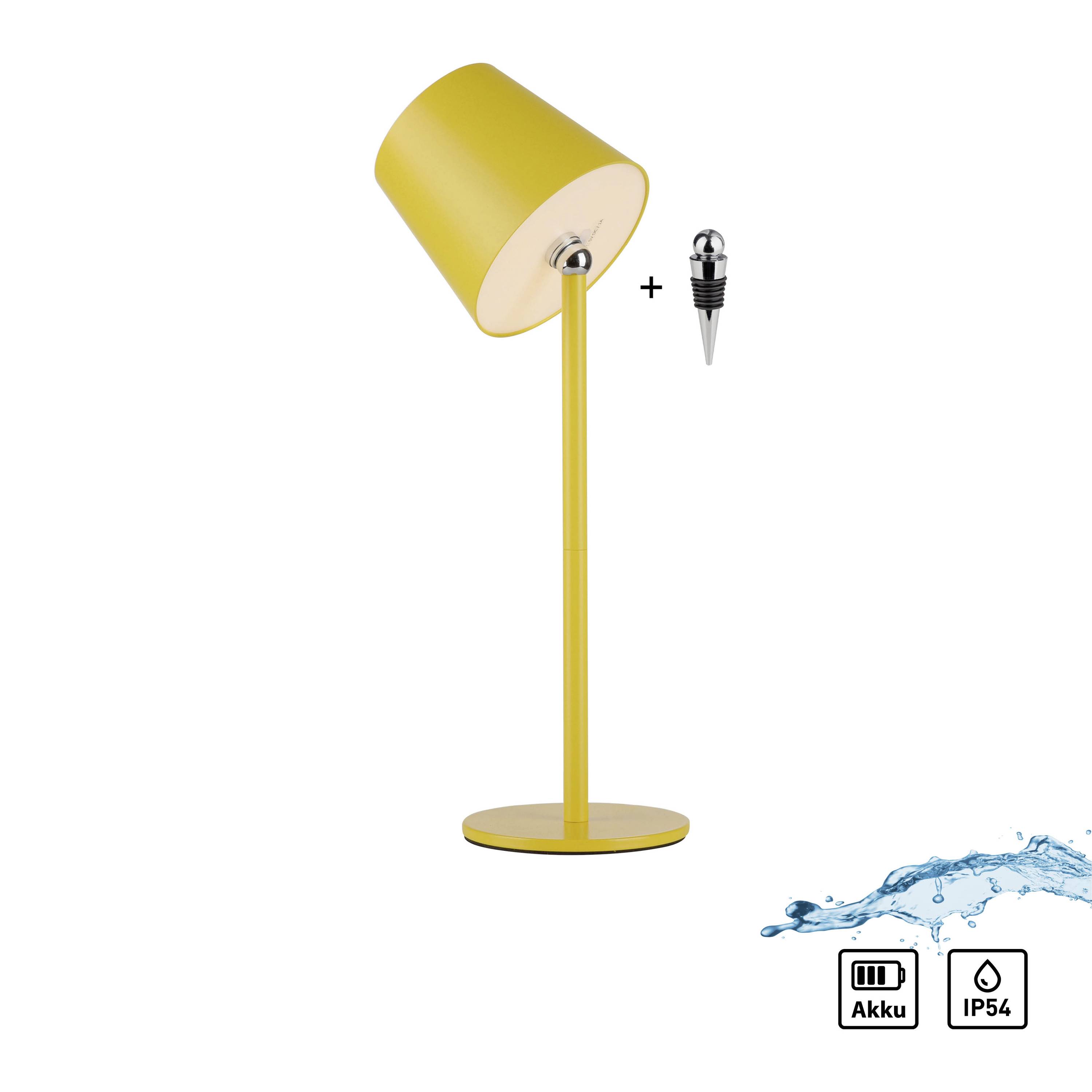 Gelbe Tischlampe mit modernem Design, inklusive Akku und Schutzart IP54. Geeignet für den Einsatz in feuchten Umgebungen.