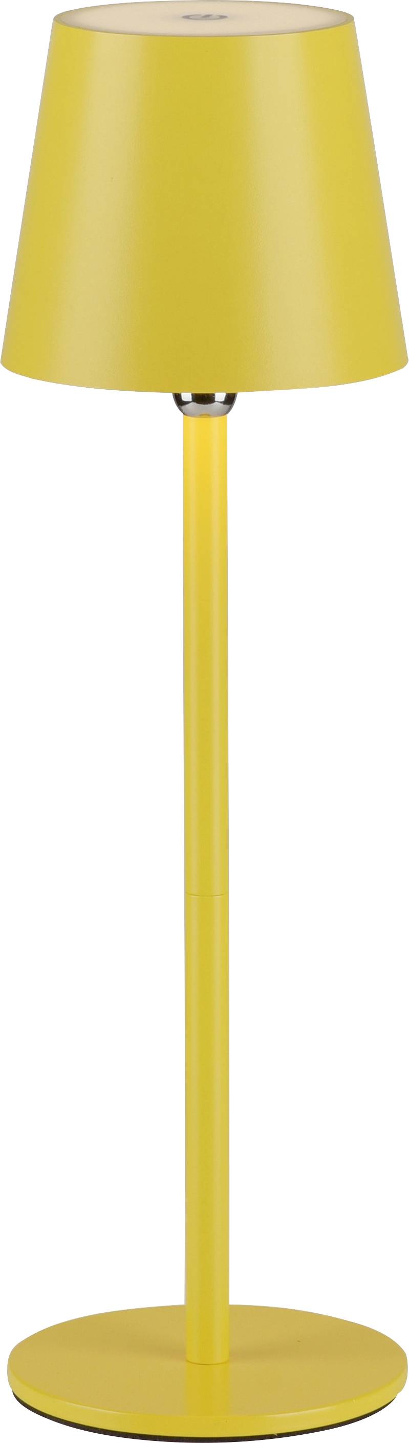 Gelbe Stehlampe mit konischem Schirm und rundem Sockel, modernes Design.