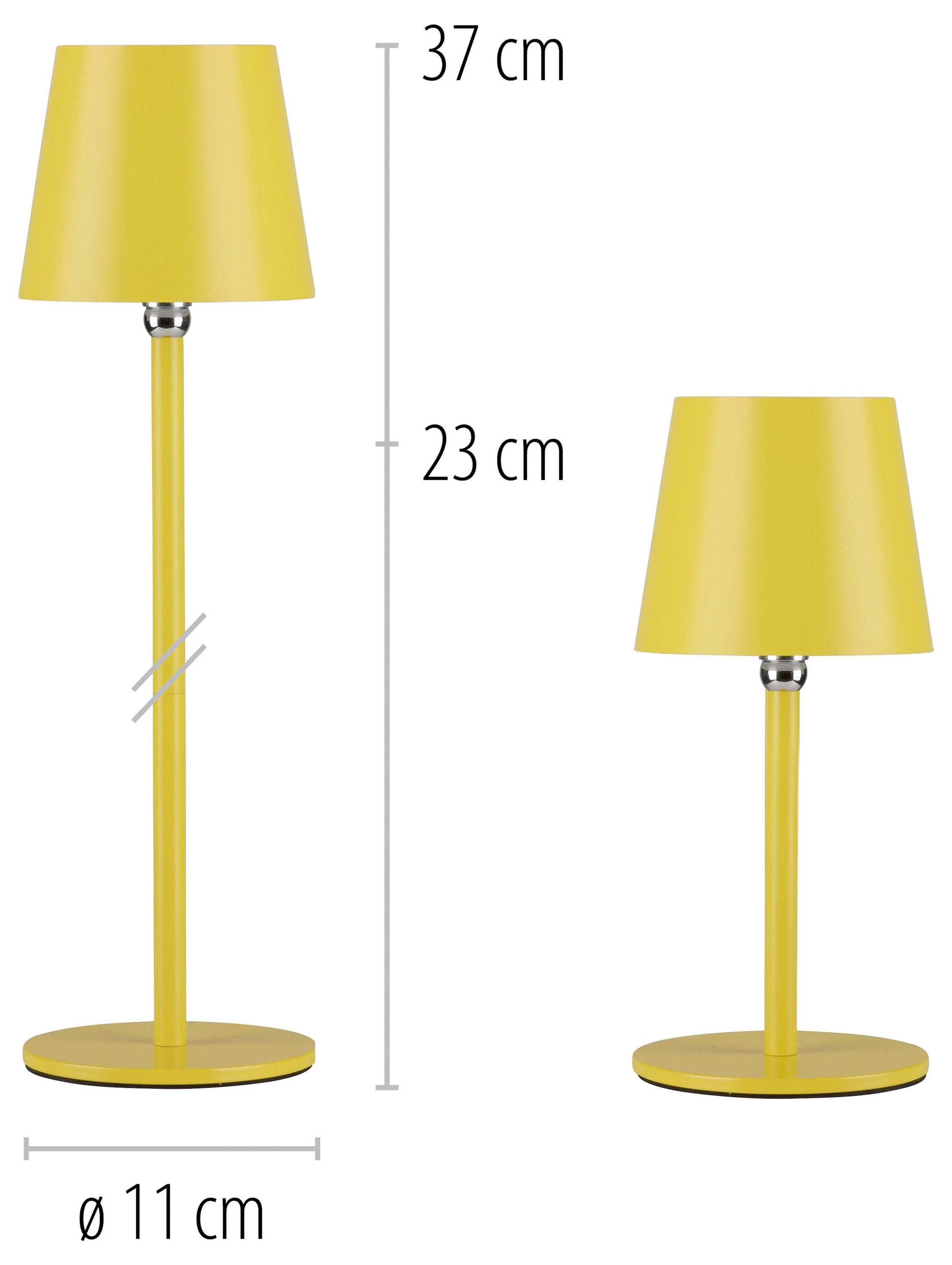 Zwei gelbe Lampen stehen nebeneinander; eine ist 37 cm hoch, die andere 23 cm. Durchmesser der Basis: 11 cm.
