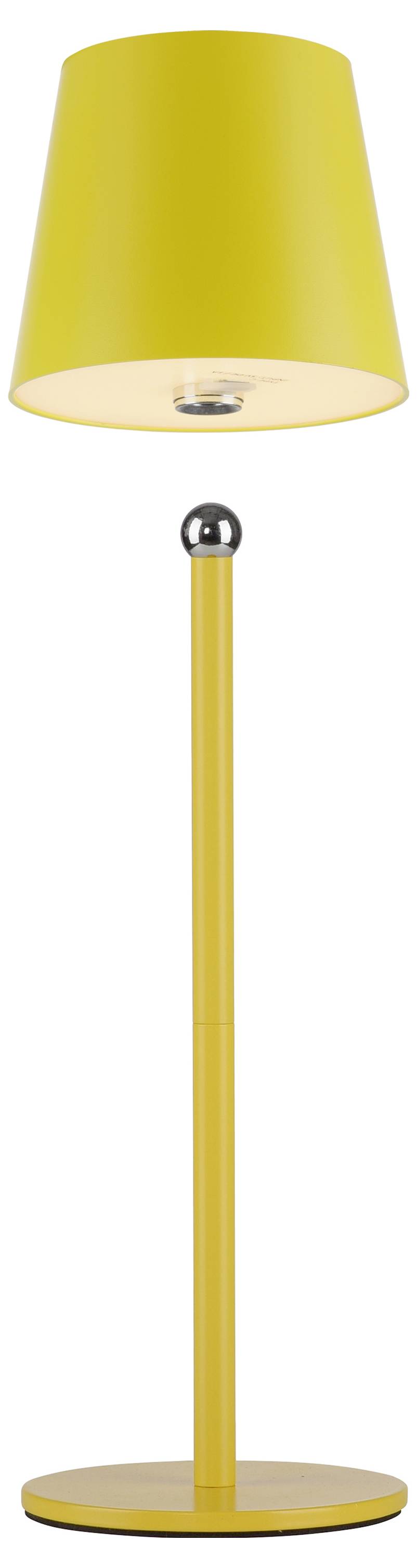 Gelbe Stehlampe mit rundem Sockel und modernem Design, geeignet zur Innenraumausleuchtung.