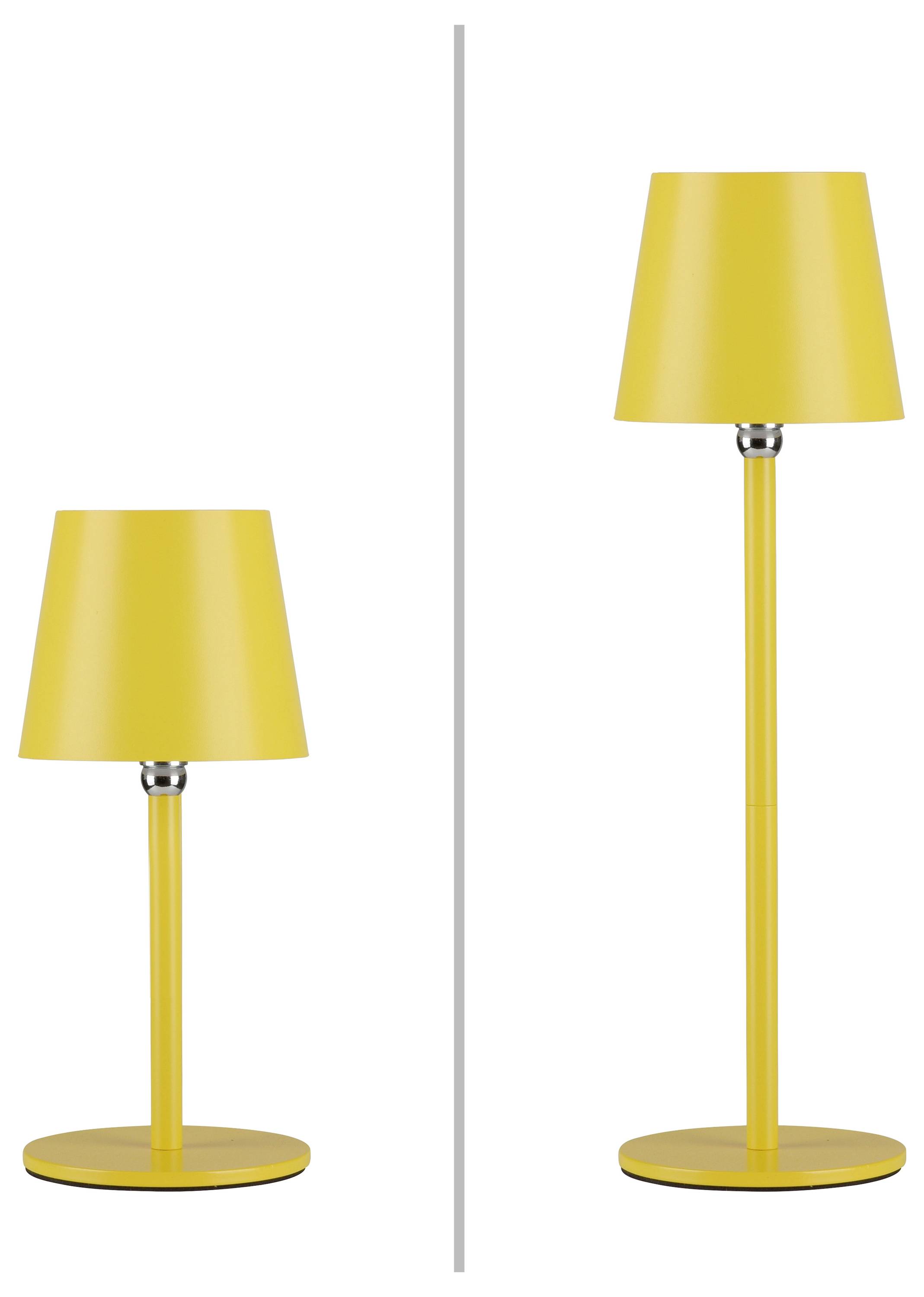 Zwei gelbe Lampen, links eine kürzere Tischlampe und rechts eine höhere Stehlampe, beide mit schlichtem Design und runden Schirmen.