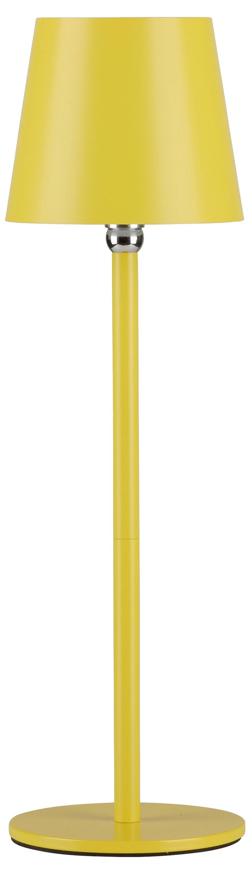 Gelbe Stehlampe mit schmalem Metallfuß und konischem Schirm. Schlichtes, modernes Design. Ideal für Wohnzimmer oder Büros.