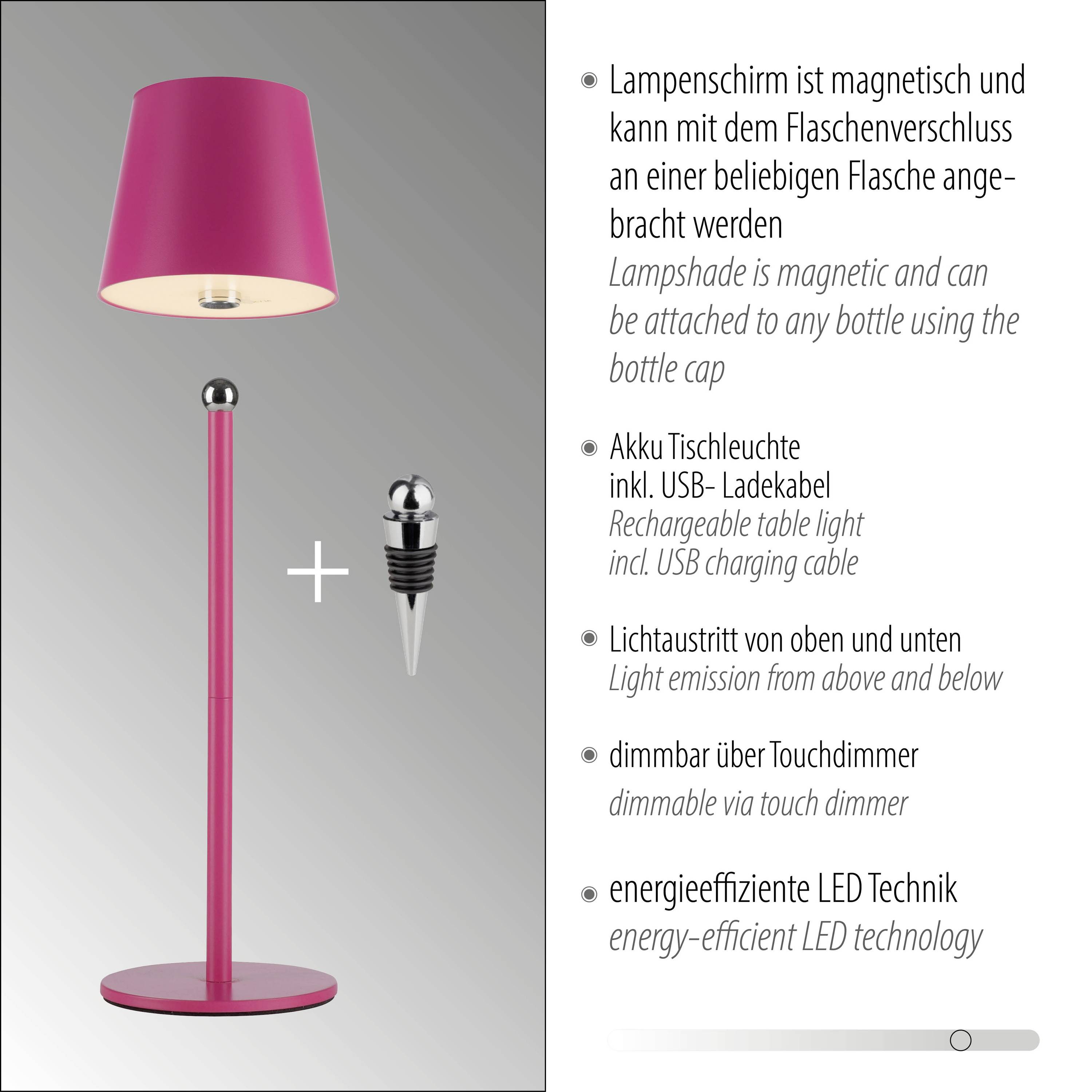 Rote Tischleuchte; Besonderheiten: magnetischer Lampenschirm, Akku mit USB-Kabel, Lichtaustritt oben/unten, dimmbar, energieeffizient.