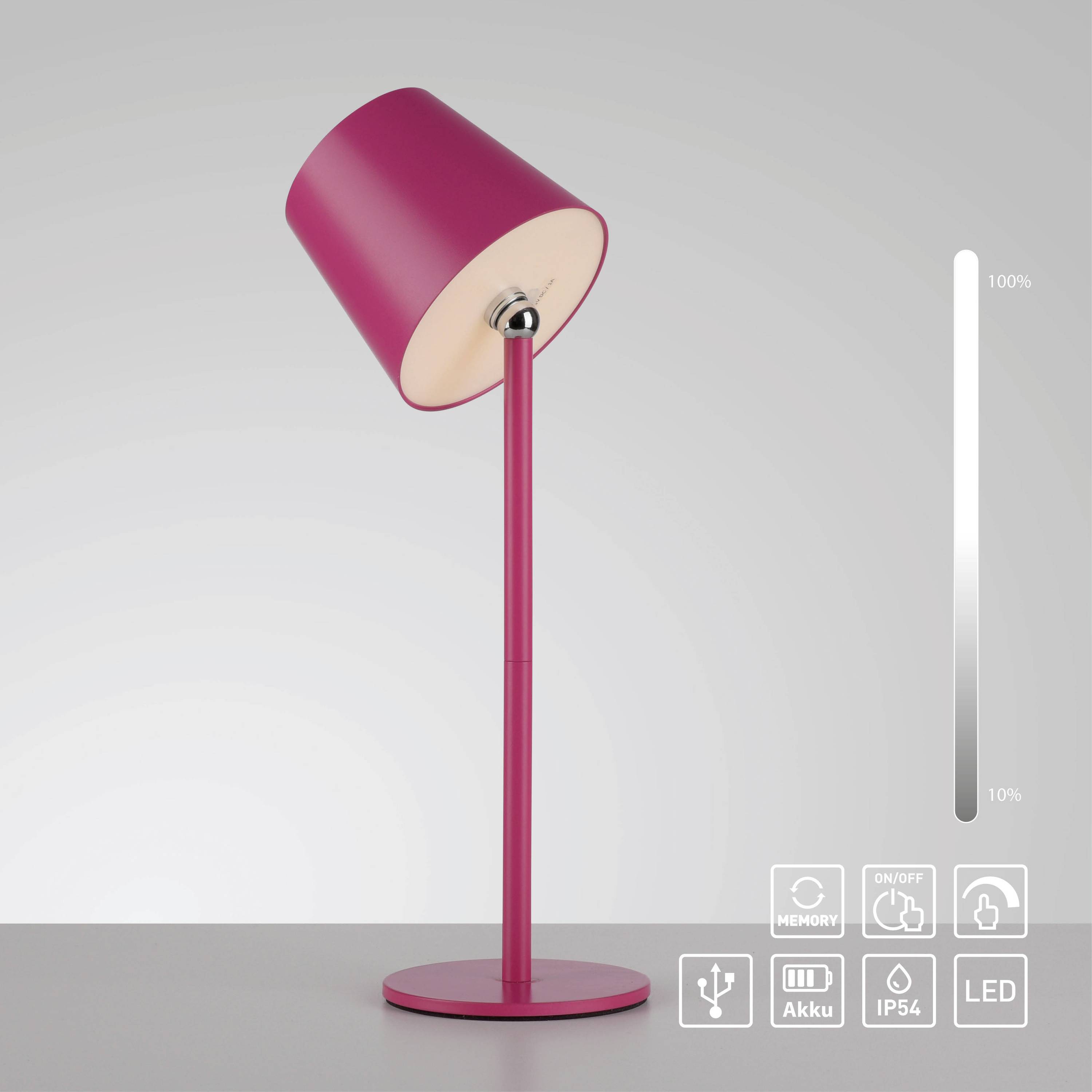 Eine rote Tischlampe vor grauem Hintergrund mit dimmbarer Helligkeitsanzeige von 10% bis 100% und Symbolen für USB, Akku, LED.