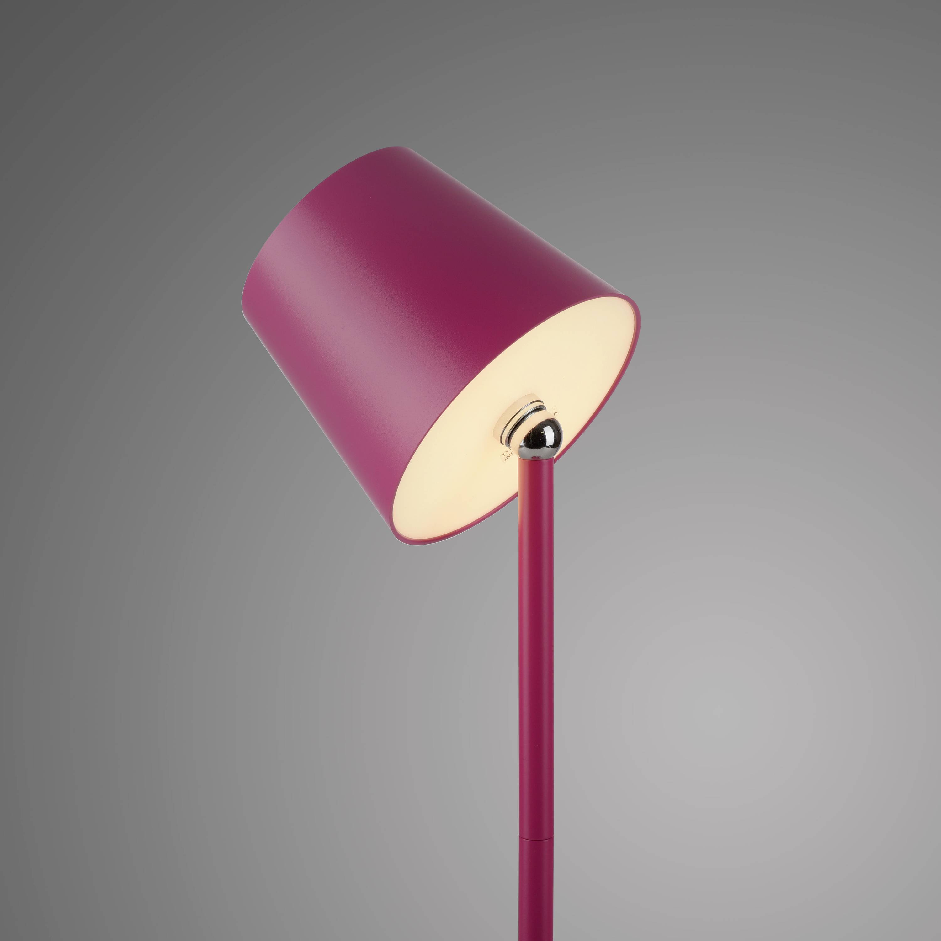 Rote Stehlampe mit schlichtem, modernem Design vor grauem Hintergrund.