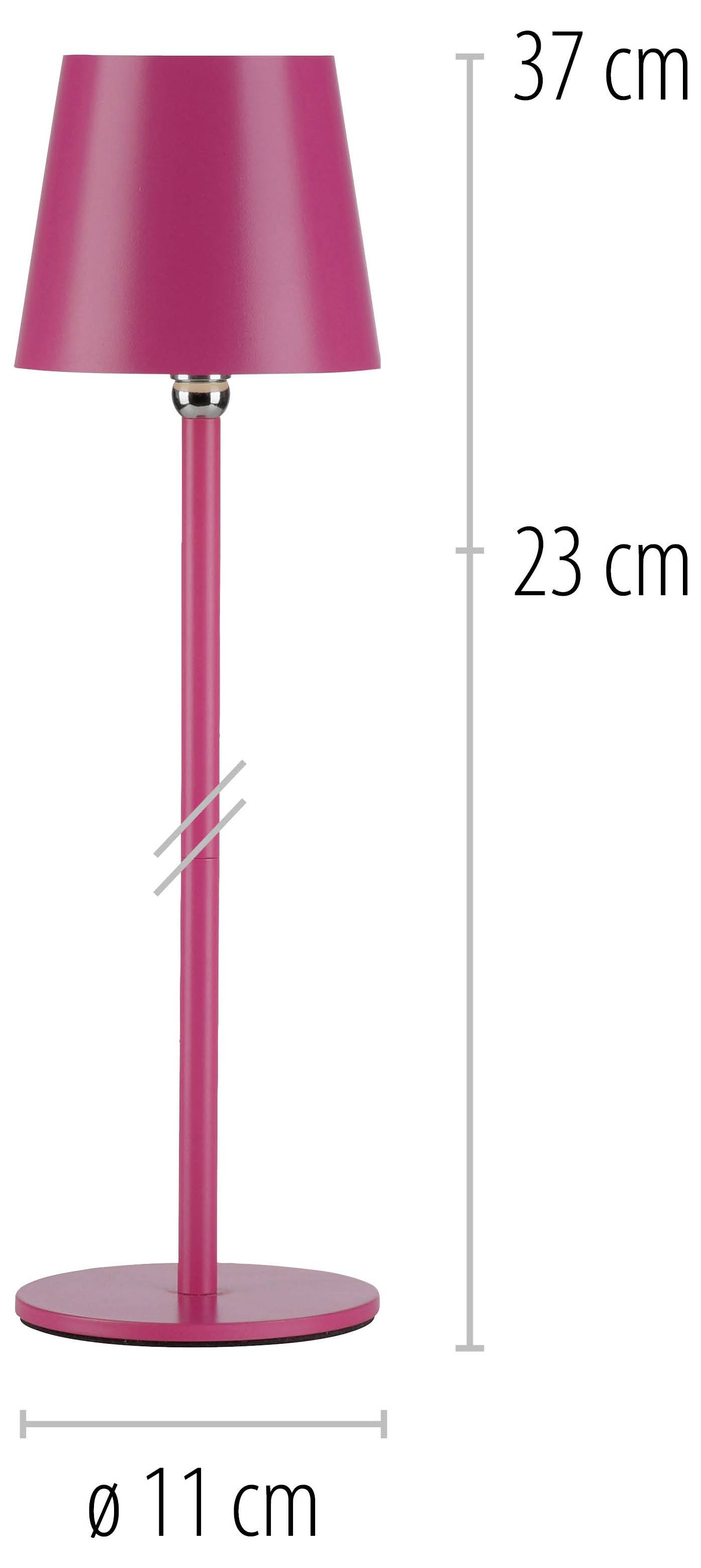 Rosa Tischlampe mit rundem Schirm. Höhe: 37 cm, Schaft: 23 cm, Durchmesser Fuß: 11 cm. Minimalistisches Design.