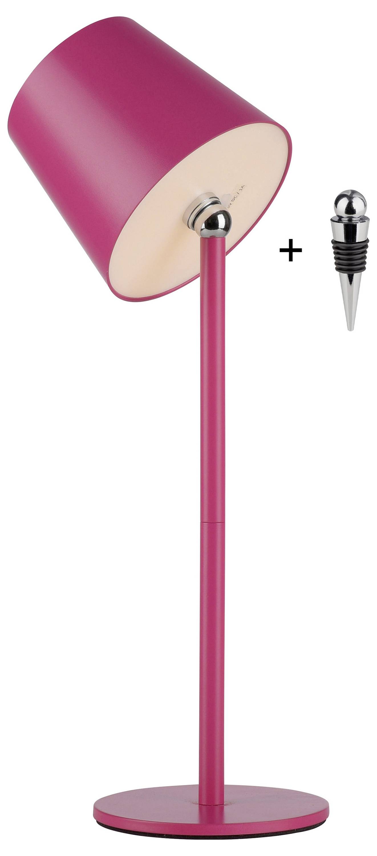 Eine pinke Tischlampe mit einem geneigten Lampenschirm. Daneben ein silberner Weinflaschenverschluss.