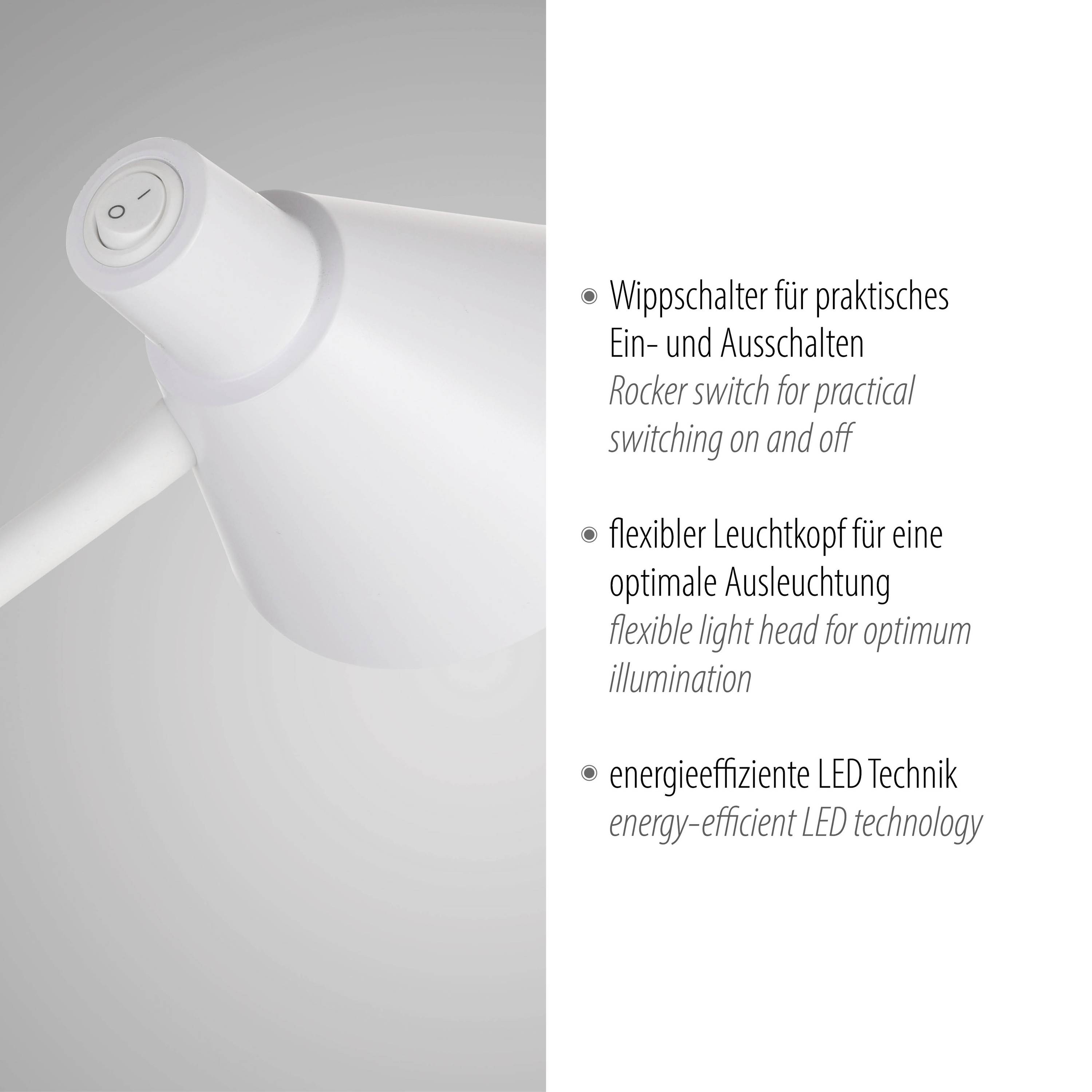 Weiße Lampe mit Wippschalter, flexiblem Leuchtkopf und energieeffizienter LED-Technik. Anzeigen für Ein- und Aus-Schalter.