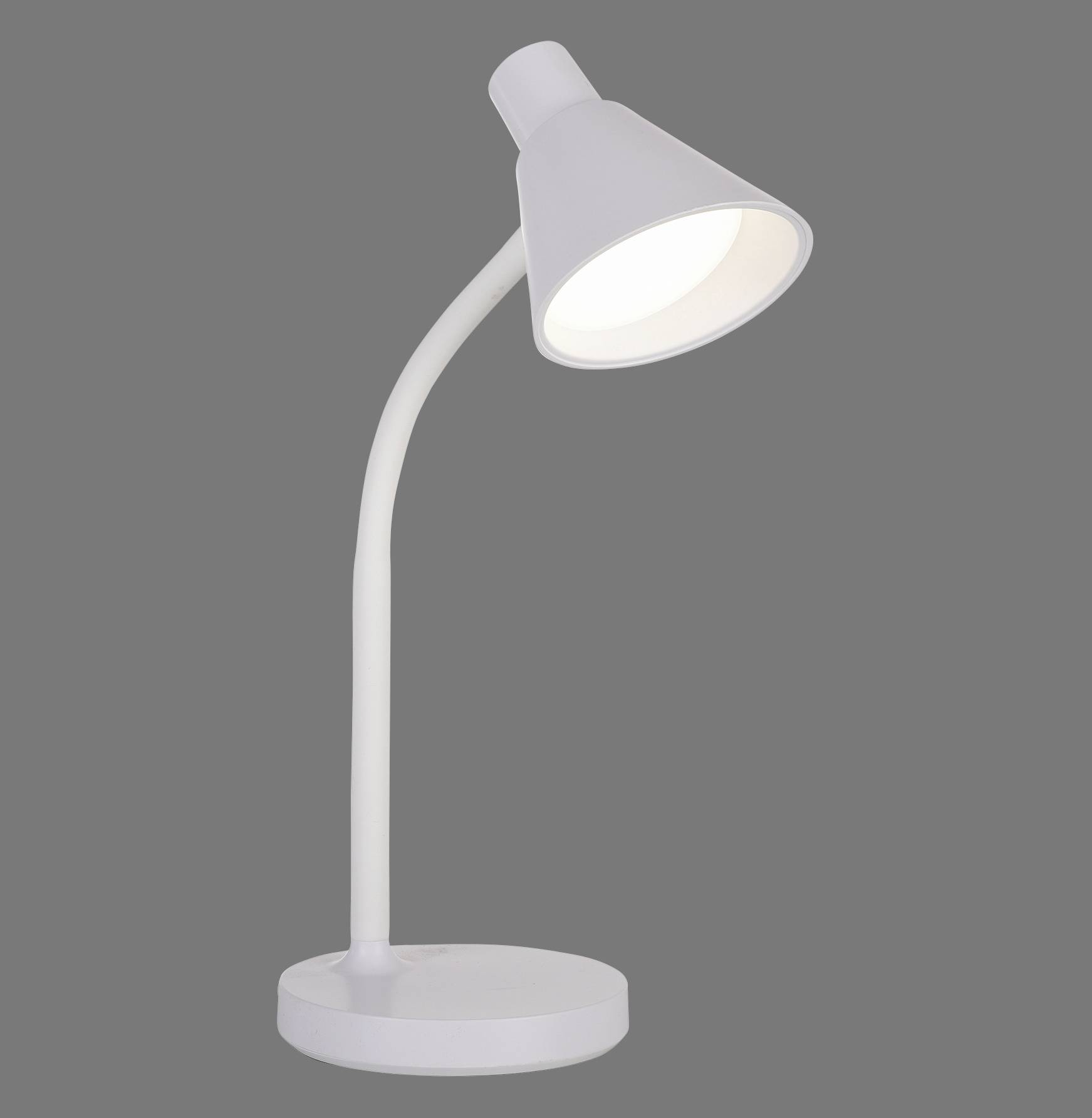 Eine weiße Tischlampe mit gebogenem Hals auf grauem Hintergrund, leuchtet hell. Ideal für Schreibtischbeleuchtung.