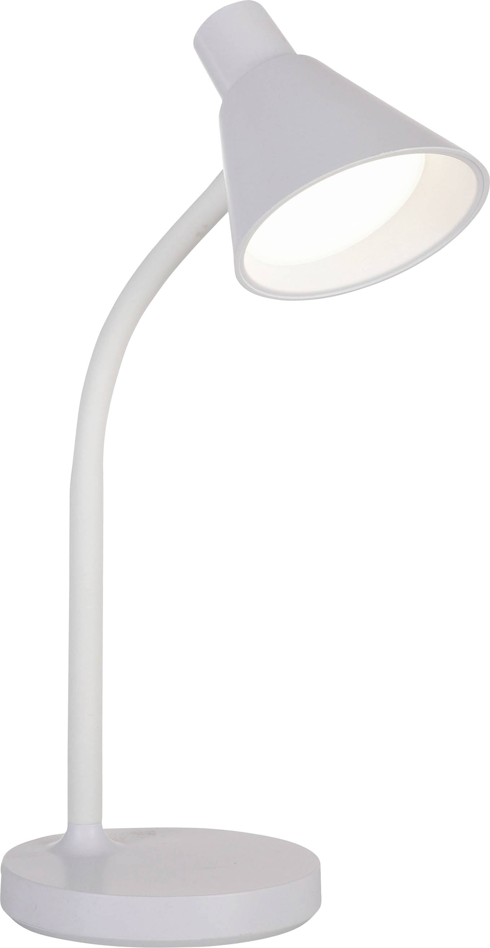 Weiße Tischlampe mit gebogenem Hals und kegelförmigem Schirm, leuchtet hell. Ideal zum Lesen oder für Schreibtischarbeit.