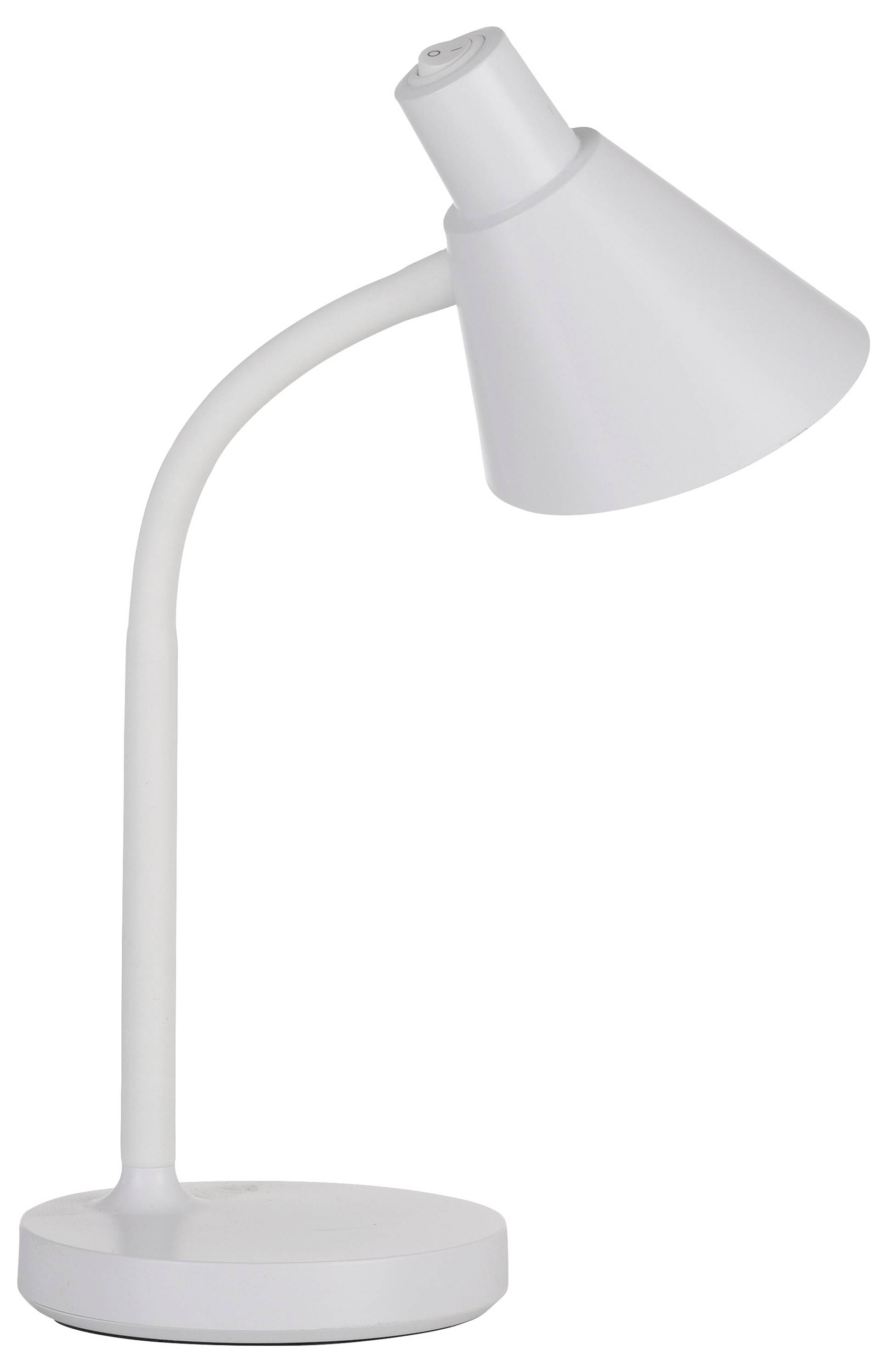Weiße Schreibtischlampe mit biegsamem Hals und kegelförmigem Lampenschirm auf rundem Sockel.