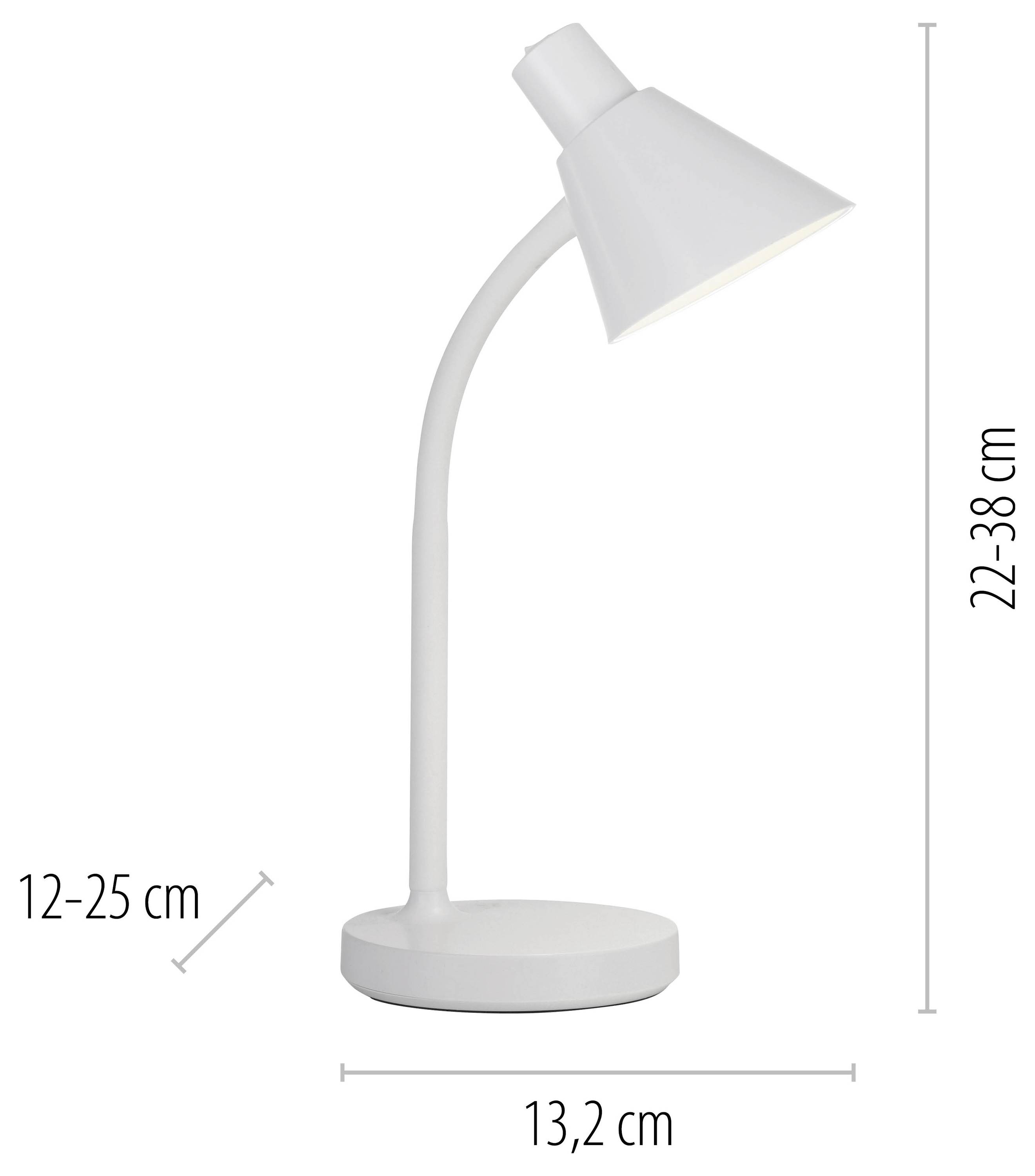 Weiße Tischlampe mit verstellbarer Höhe von 22 bis 38 cm und Breite von 13,2 cm.