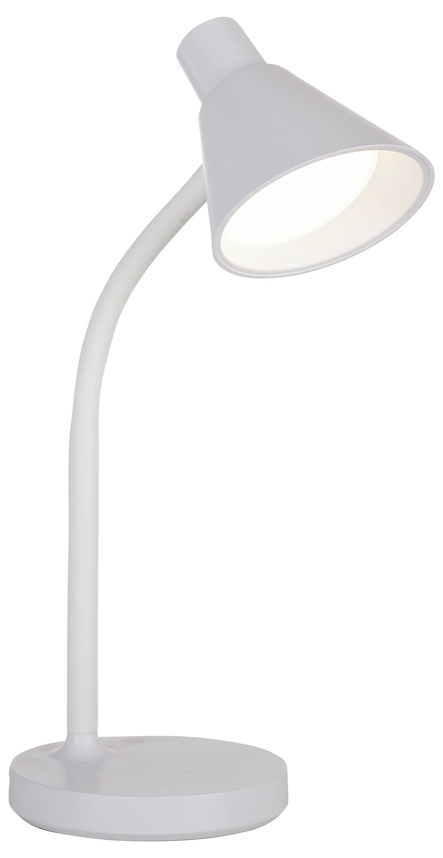 Eine weiße Schreibtischlampe mit gebogenem Hals und kegelförmigem Lampenschirm leuchtet.
