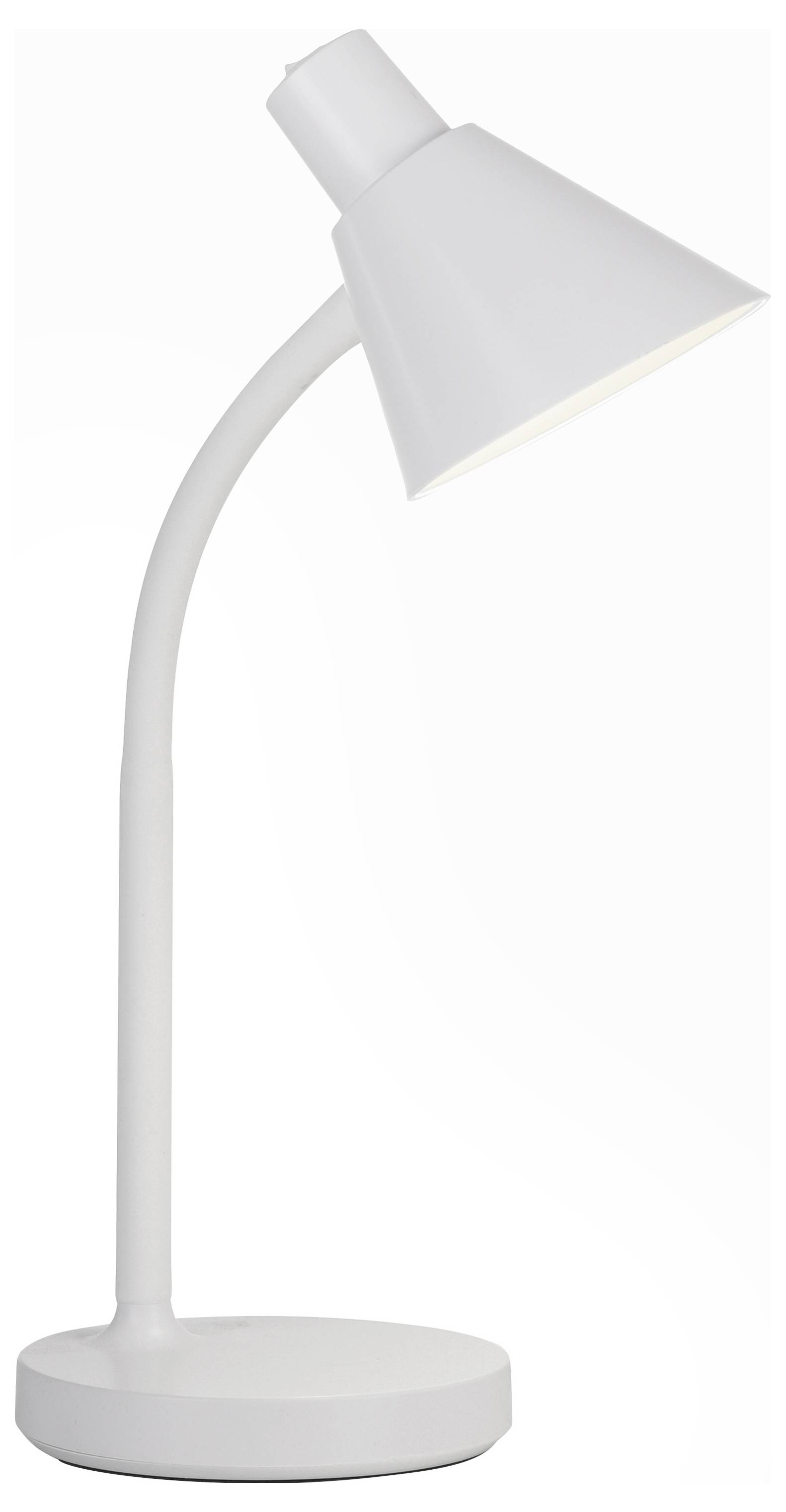 Weiße Tischlampe mit gebogenem Hals und kegelförmigem Schirm, stehend auf einer runden Basis.