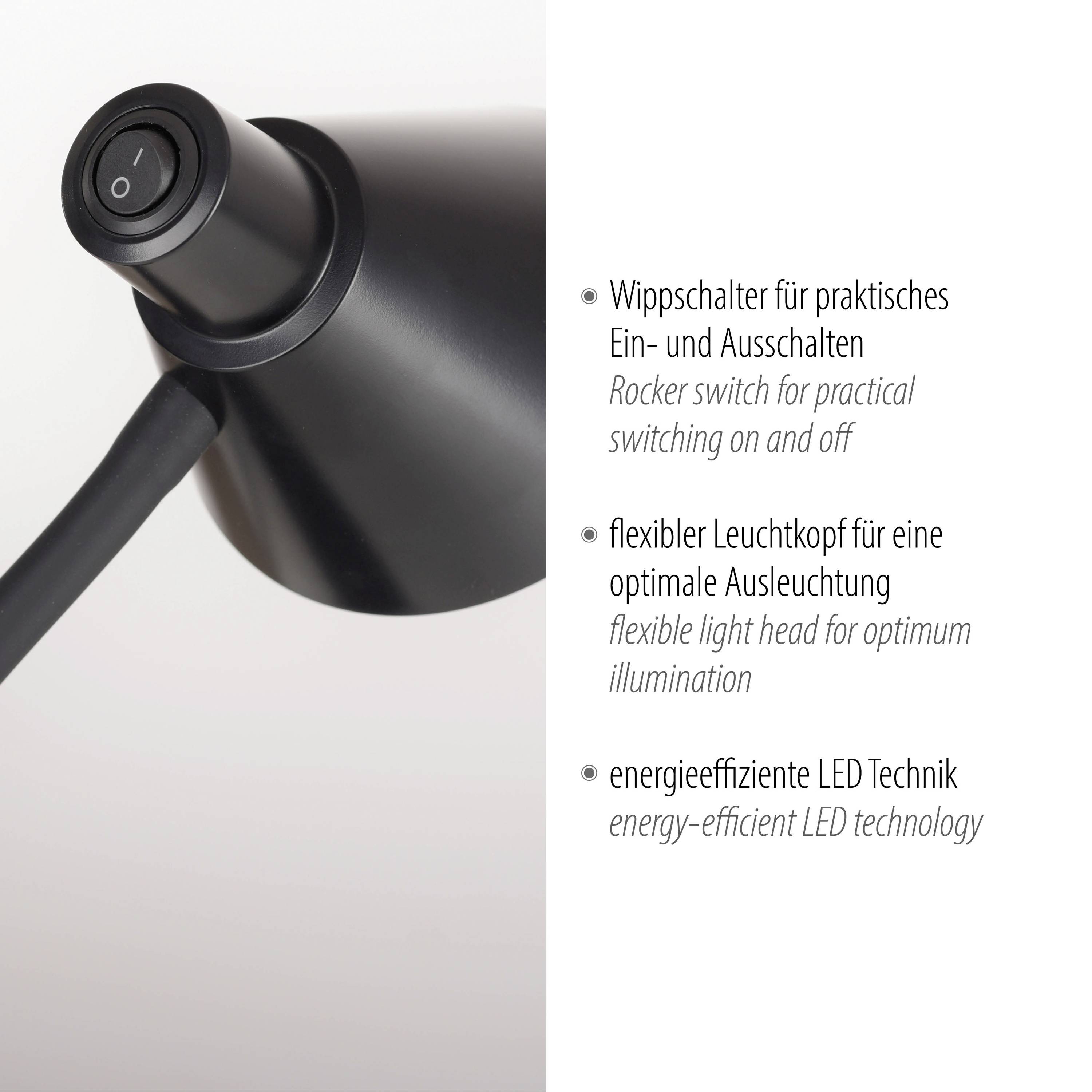 Schwarze Lampe mit Kippschalter, flexiblem Leuchtenkopf für optimale Beleuchtung und energieeffizienter LED-Technik.