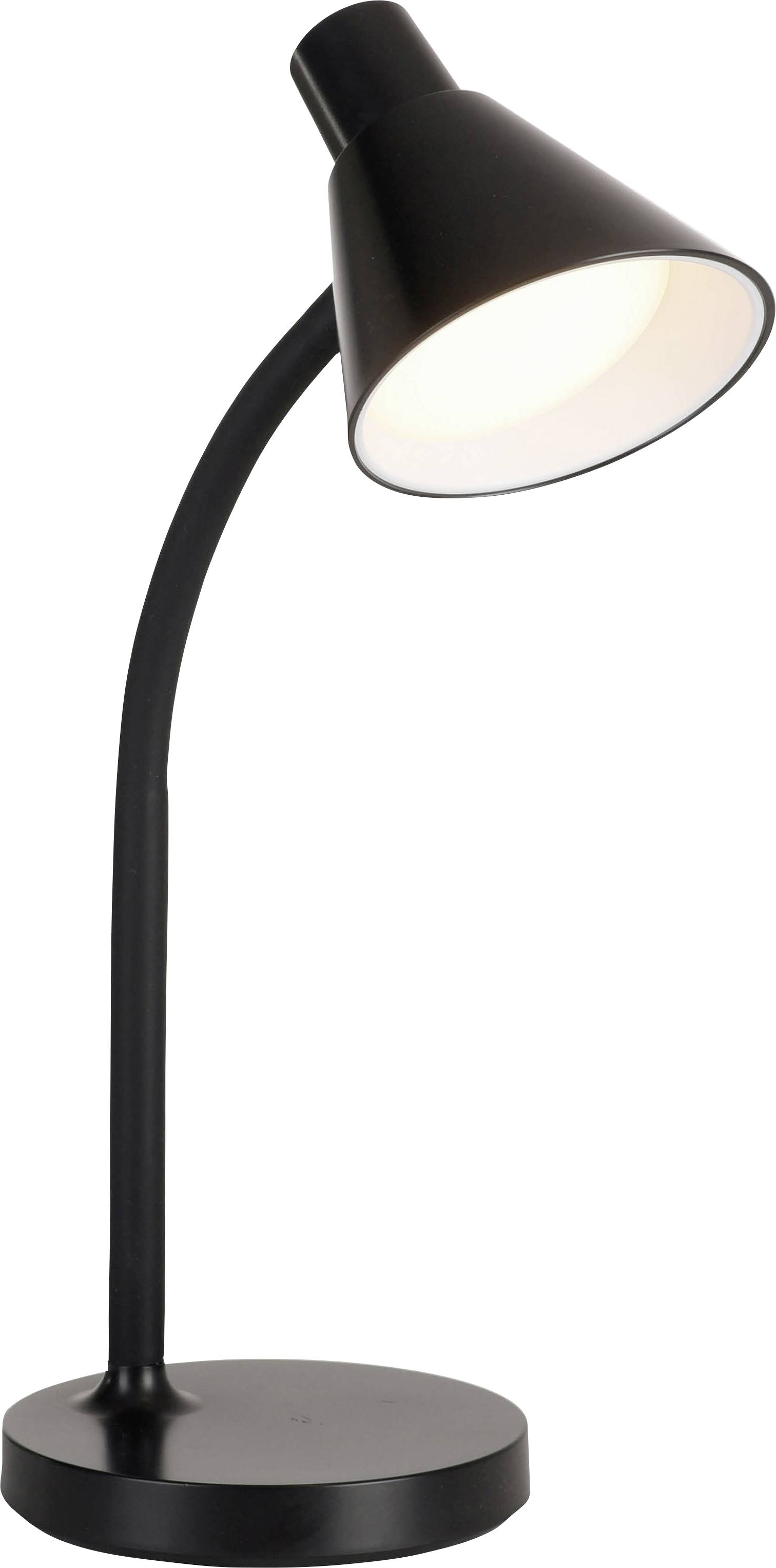 Schwarze Tischlampe mit rundem Sockel und schwenkbarem Lampenschirm, steht aufrecht.