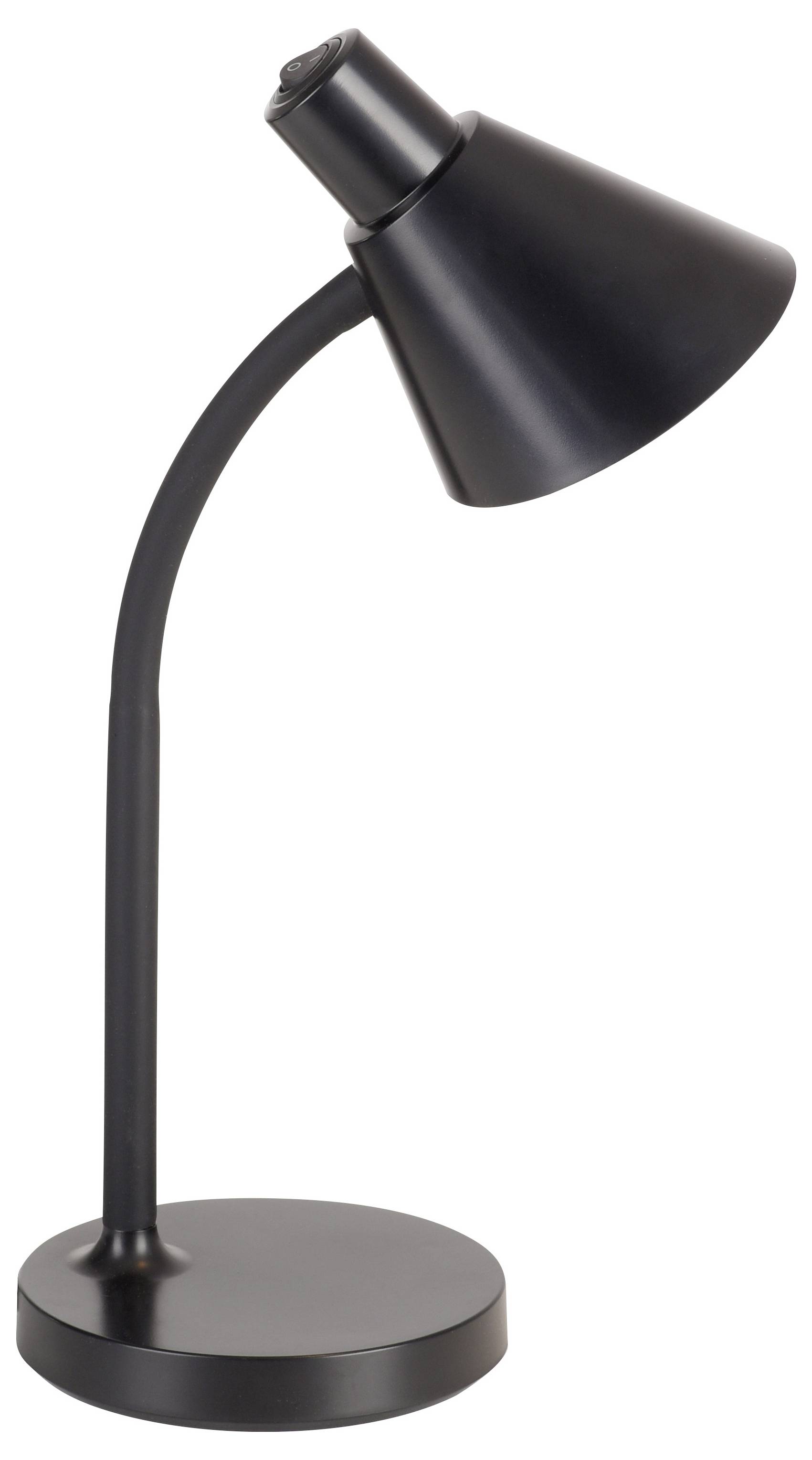 Schwarze Tischlampe mit einem gebogenen Hals und einem konischen Schirm, geeignet für Schreibtische oder Nachttische zur Beleuchtung.