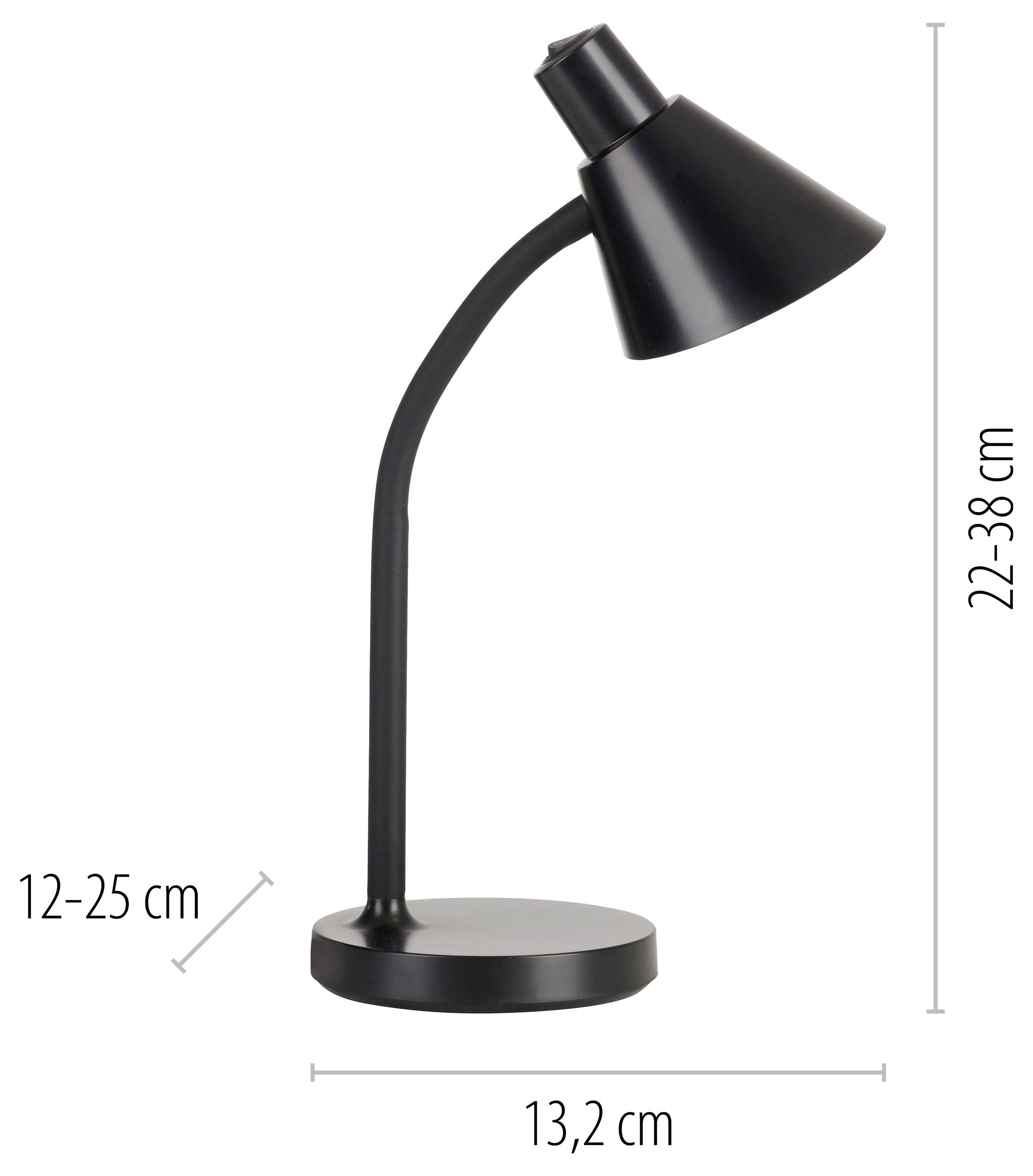 Schwarze Tischlampe mit verstellbarem Arm; Höhe 22-38 cm, Breite 12-25 cm, Sockeldurchmesser 13,2 cm.