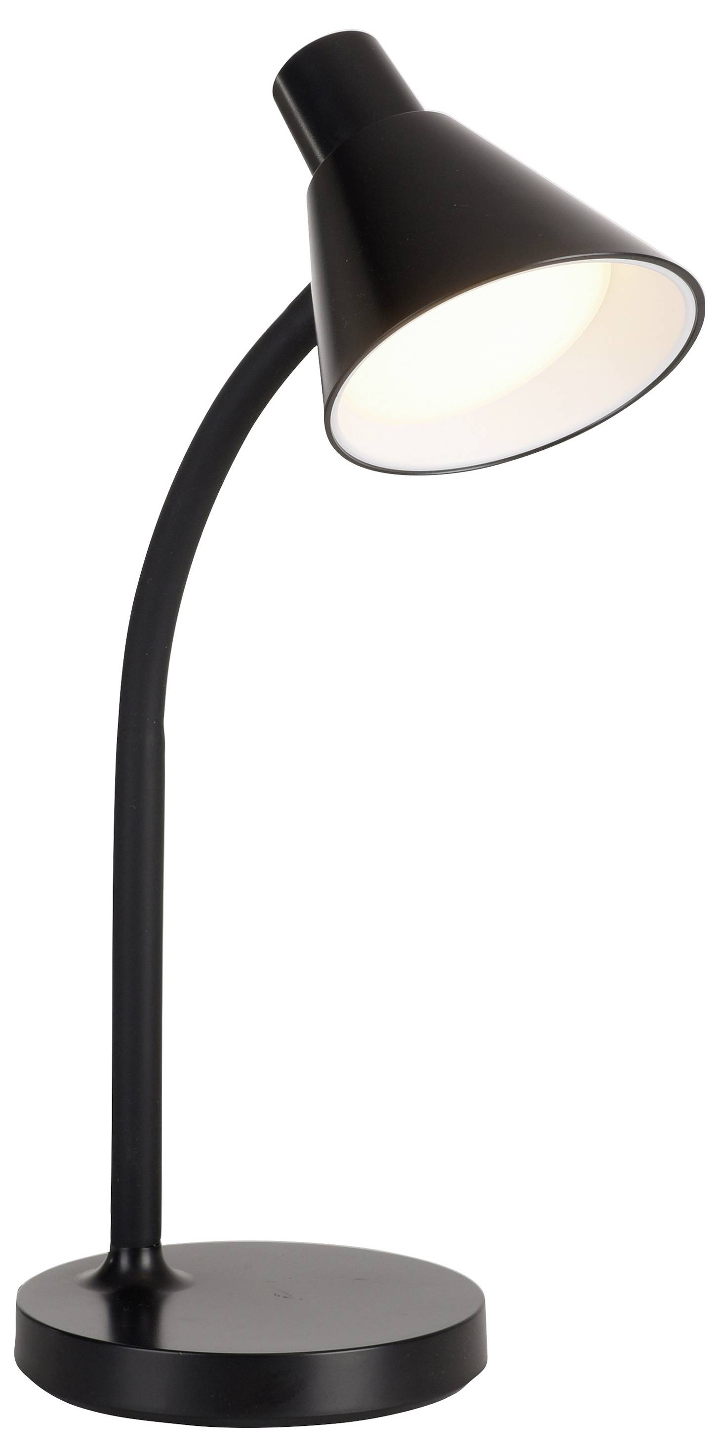 Schwarze Tischlampe mit gebogenem Hals und konischem Lampenschirm, leuchtet hell, geeignet für Schreibtische oder Leseecken.