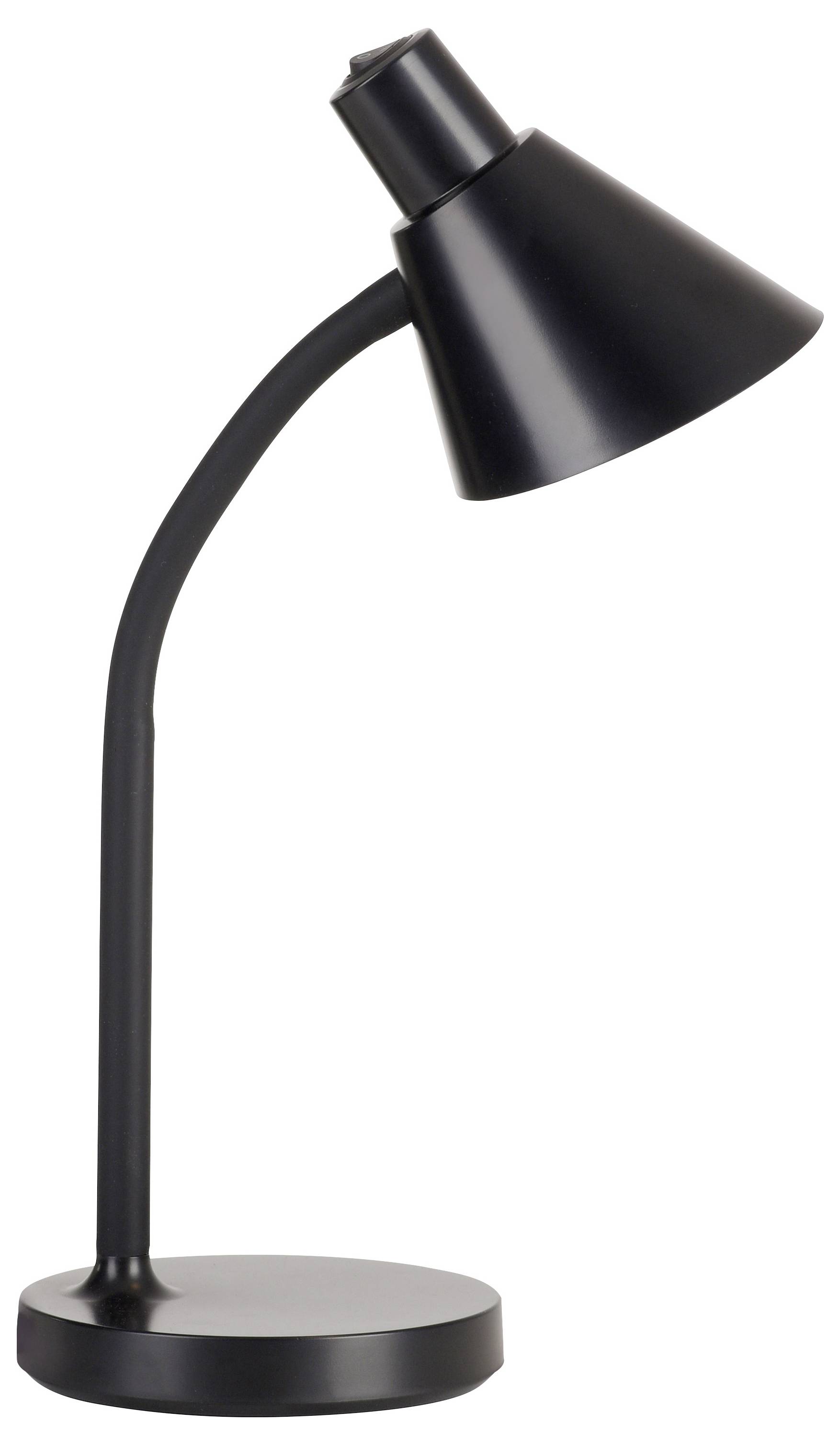 Schwarze Schreibtischlampe mit verstellbarem Hals und konischem Schirm, geeignet für Arbeitszimmer oder Büro.