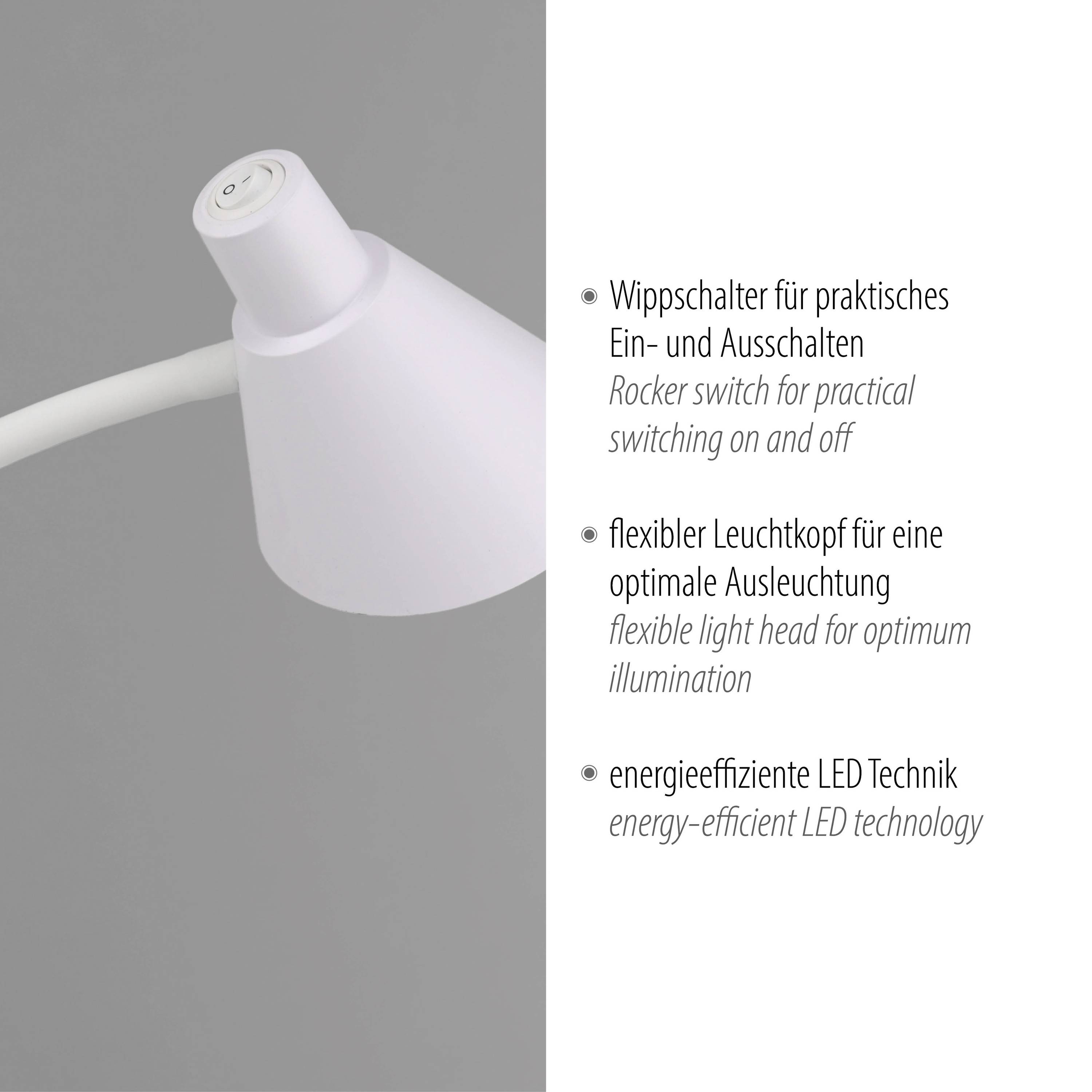 Weiße Lampe mit Wippschalter oben. Begleittext hebt den praktischen Ein- und Ausschalter, den flexiblen Leuchtkopf und die energieeffiziente LED-Technik hervor.