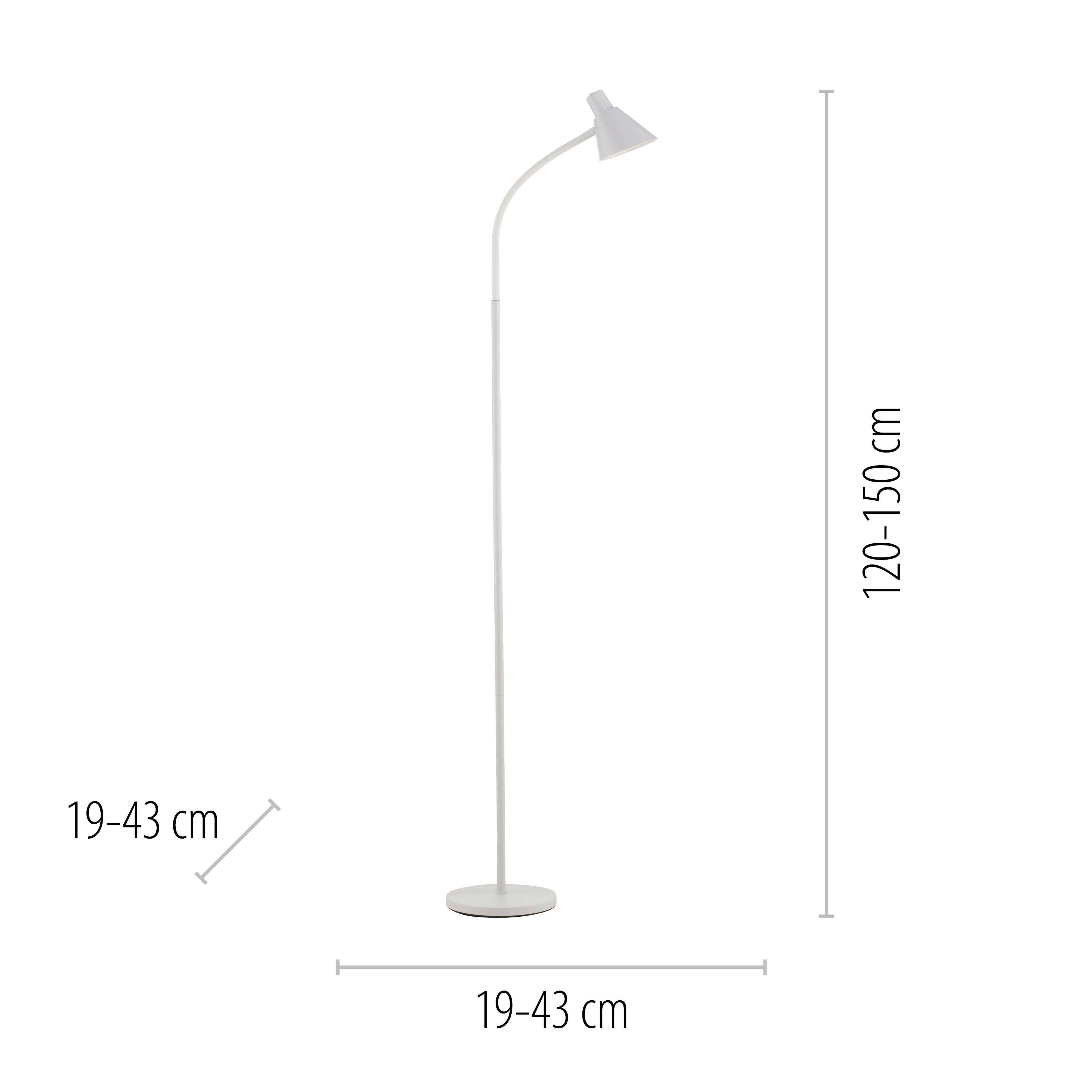 Stehende Lampe mit verstellbarer Höhe von 120-150 cm und einem verstellbaren Arm von 19-43 cm, in modernem Design.