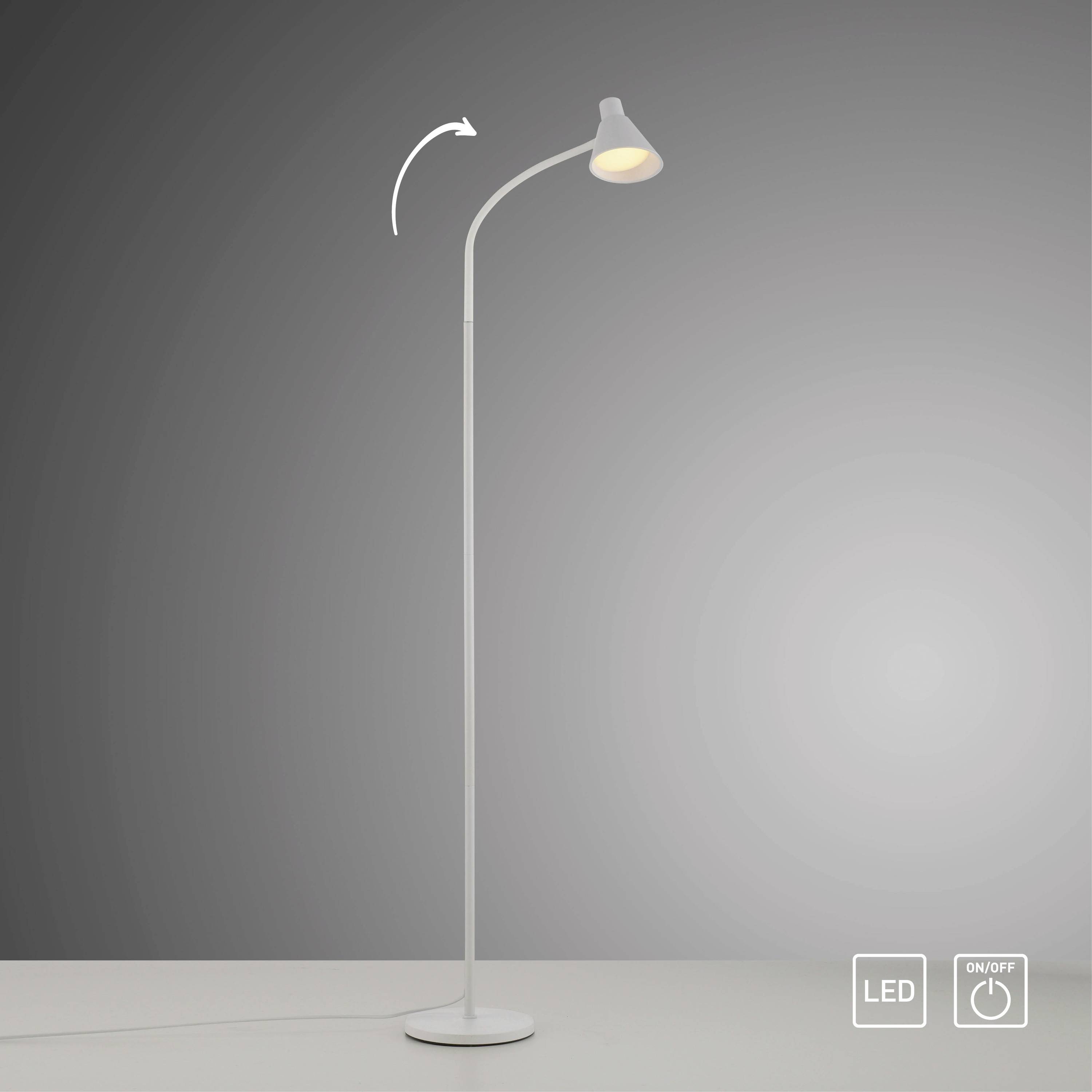 Weiße LED-Stehlampe mit schlankem, gebogenem Design, leuchtendem Kopf. Einstellungen für Ein/Aus und LED-Modus unten rechts.