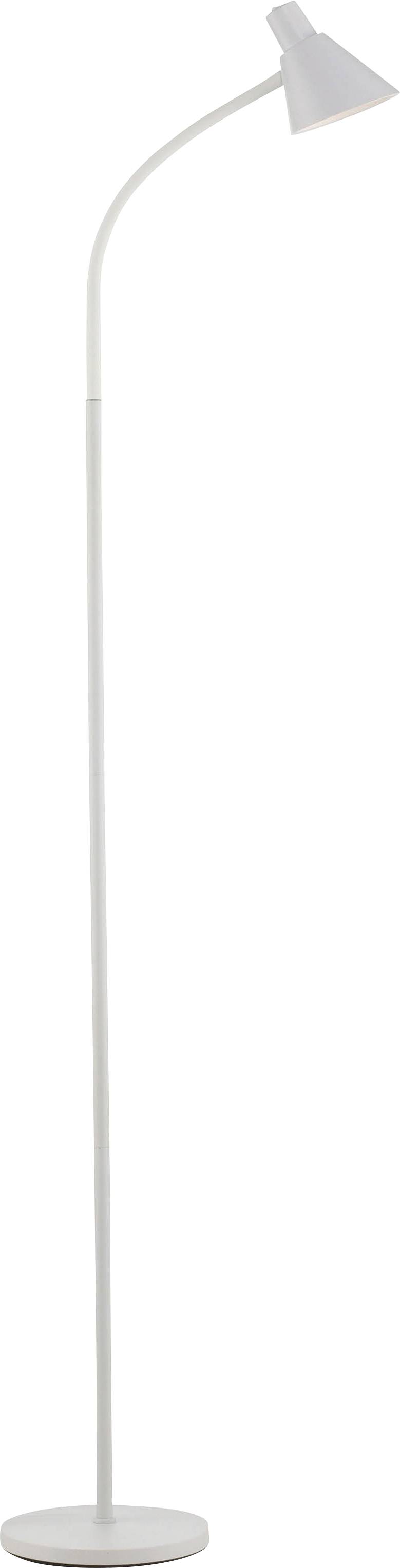Weiße, schlanke Stehlampe mit gebogenem Hals und konischem Lampenschirm. Minimalistisches Design für moderne Inneneinrichtung.