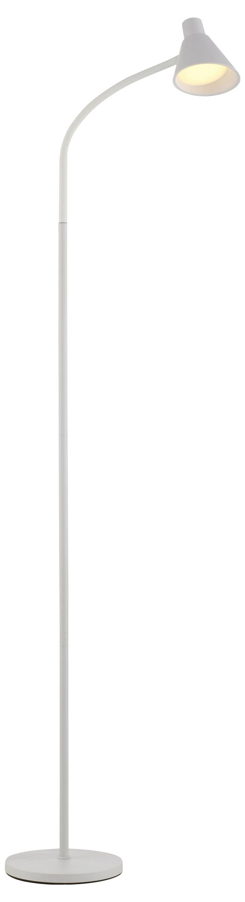 Eine schlichte, hohe Stehlampe mit einem schmalen, gebogenen Hals und einem kleinen Lampenschirm, der gelblich leuchtet.